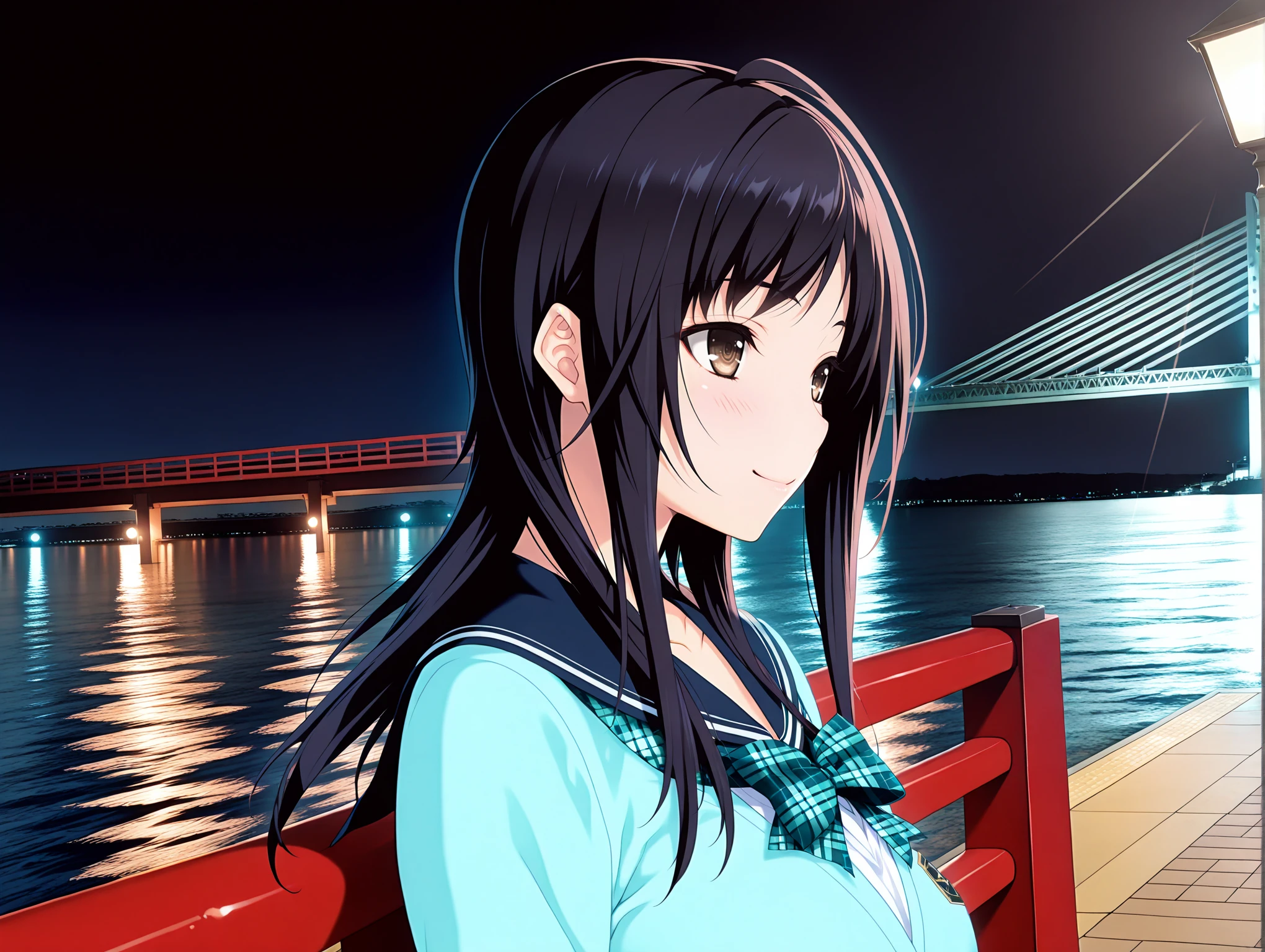 masterpiece,best quality,amazing quality,solo,1girl,<lora:wakoto_ilxl_v1.3:1>,wakoto,black hair,long hair,brown eyes,w_clothes,school uniform,navy sailor,plaid bow,light blue cardigan,white skirt,black pantyhose,loafers,<lora:commercial_facility00_ilxl_v1:1>,c_f00,<lora:Fixhands_anime_bdsqlsz_V1:1>,
night,night sky,sky,bridge,ocean,
dark,lamp,lamppost,railing,
upper_body,light_blush,smile,looking ahead,