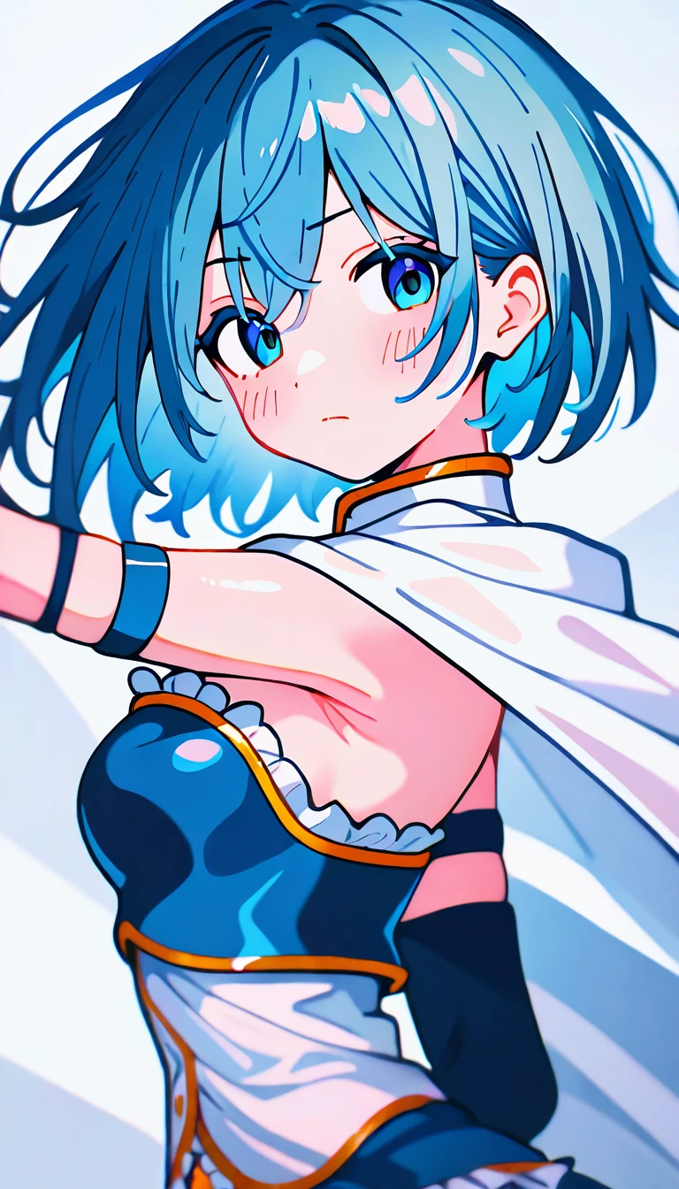 A blue-haired girl giving counseling in a counseling room. She has a cold expression and is smiling. Her clothes are a cyberpunk. She is looking at herself. “She is holding her chin.”