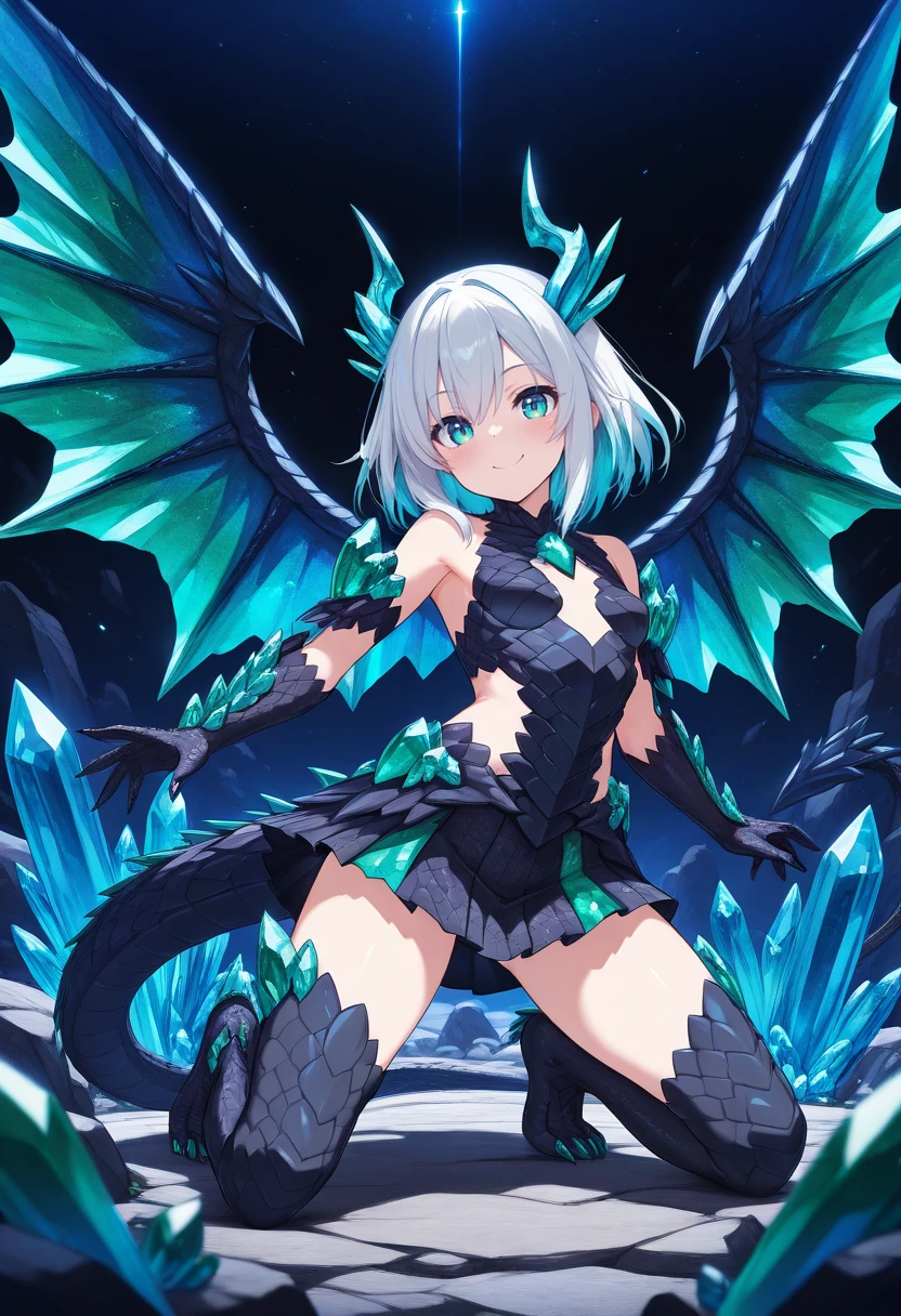 masterpiece,best quality,amazing quality, very aesthetic, ((outlined outlined vector graphics)), front view , looking at viewer, full body,
1girl, small breast, crystal dragon girl,amber crystals, smile, futtora face, black dragon scales, dragon scale tail, green crystal wings, detailed background,black dragon scale wings, galaxy, 30yo, mature female, black dragon scale skirt ,black dragon scale legs, black dragon scale arms, kneeling , , , <lora:futtora02-il-02:1>