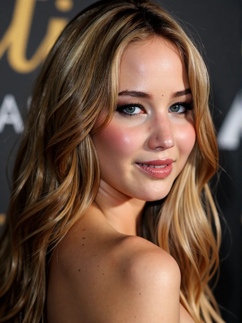 <lora:Jennifer_Lawrence_Ca2011:1> woman <lora:zz_s_Fluxartis:0.5> A highly detailed cinematic photography, looking directly at the viewer, looking directly at the camera, making eye contact, looking straight ahead, modest clothes, modest apparel, chest covered, modesty <lora:zz_s_Chest_Size_Slider:-2>, a close-up profile photograph, looking back, smiling, wavy, tinted hair, well-groomed and styled, cascading in soft waves, background is a blurred view of an awards ceremony, emphasizing the texture and color variations in the hair, overall effect is natural and elegant, showcasing the beauty of the hair in a detailed and artistic manner, lighting effects, diffused lighting on skin, skin pores, matte skin, skin imperfections.âââ