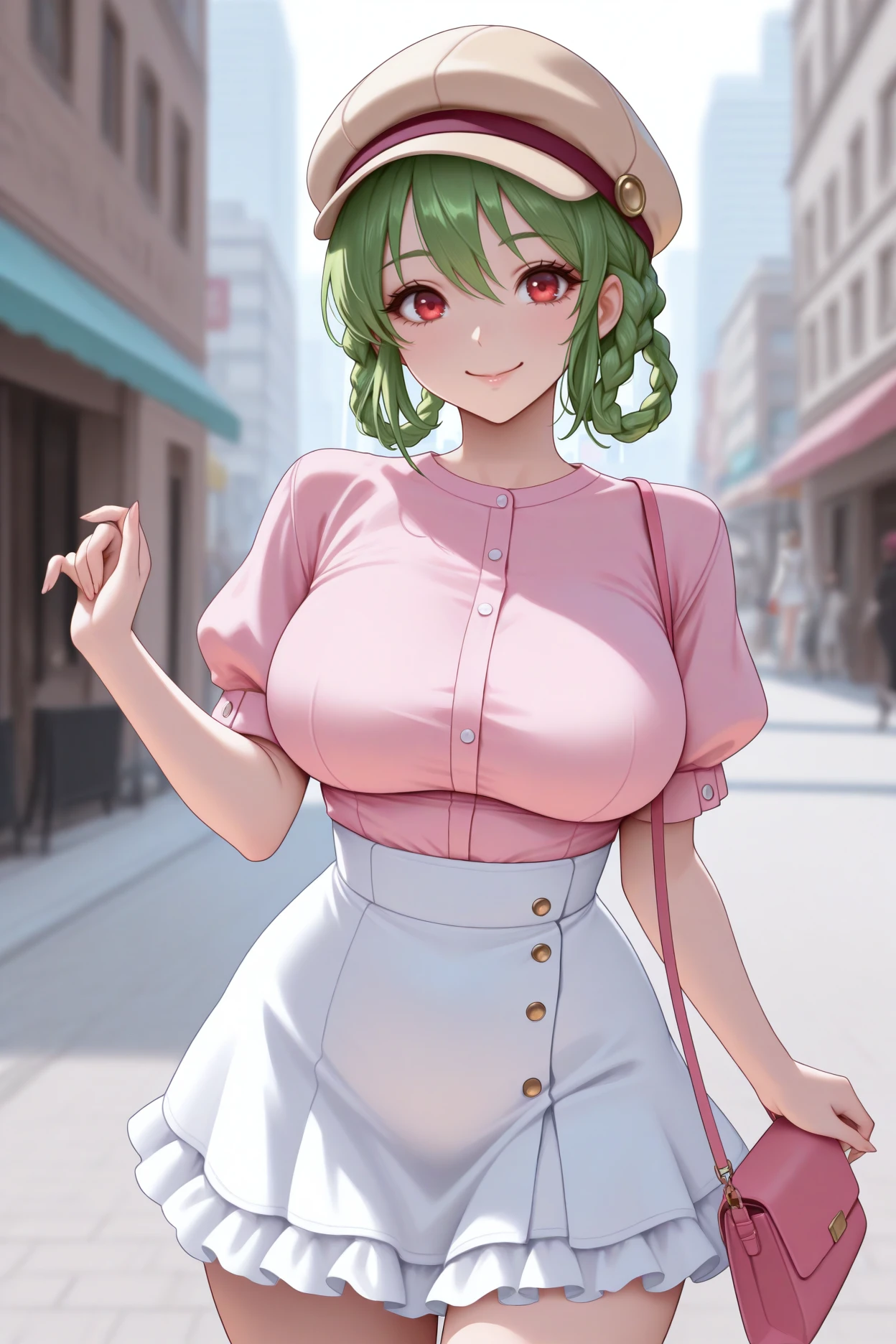 masterpiece, best quality, 1girl, solo, <lora:srtmina-illu-nvwls-v1-000006:1> srtmna, braided hair rings, green hair, red eyes, large breasts, pink blouse, frilled skirt, white skirt, city, beige cabbie hat, looking at viewer, happy, handbag, street