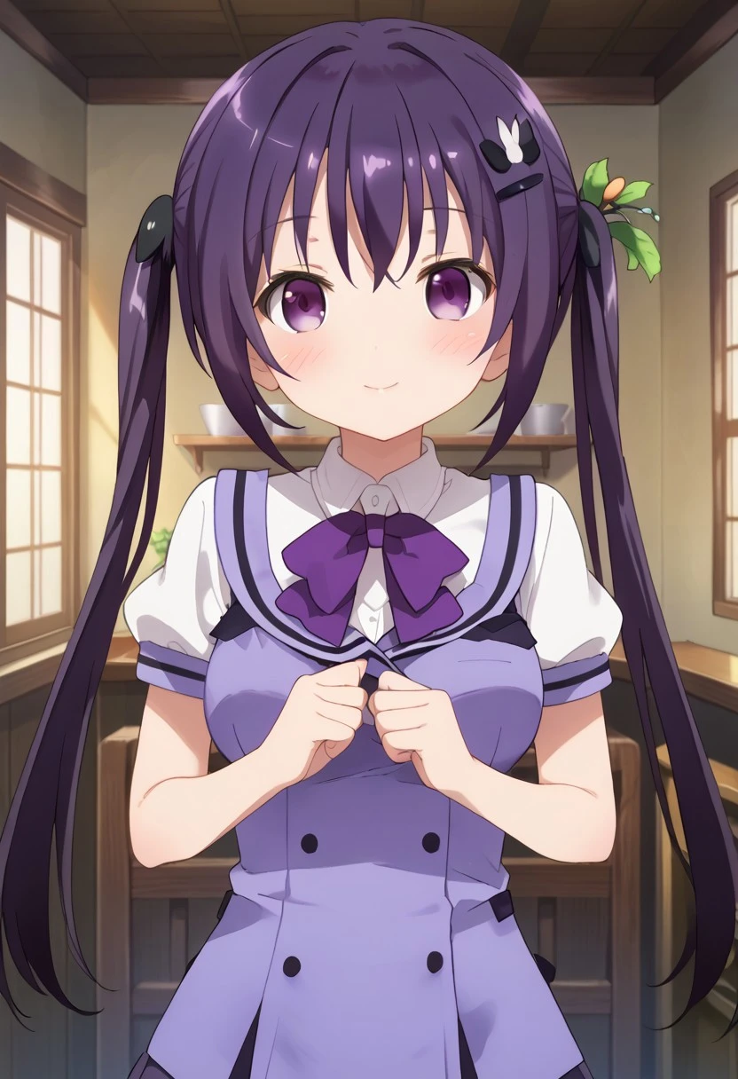 score_9, score_7_up,1girl, looking at viewer, blush, breasts,(purple hair, purple eyes, twintails, hair ornament, rabbit hair ornament, rabbit house, rabbit house uniform, rabbithouse summer, short sleeves), looking at viewer, solo, highres, zPDXL3, detailed face, head tilt, tilted head, short, short girl, ((front view)), standing,happy
