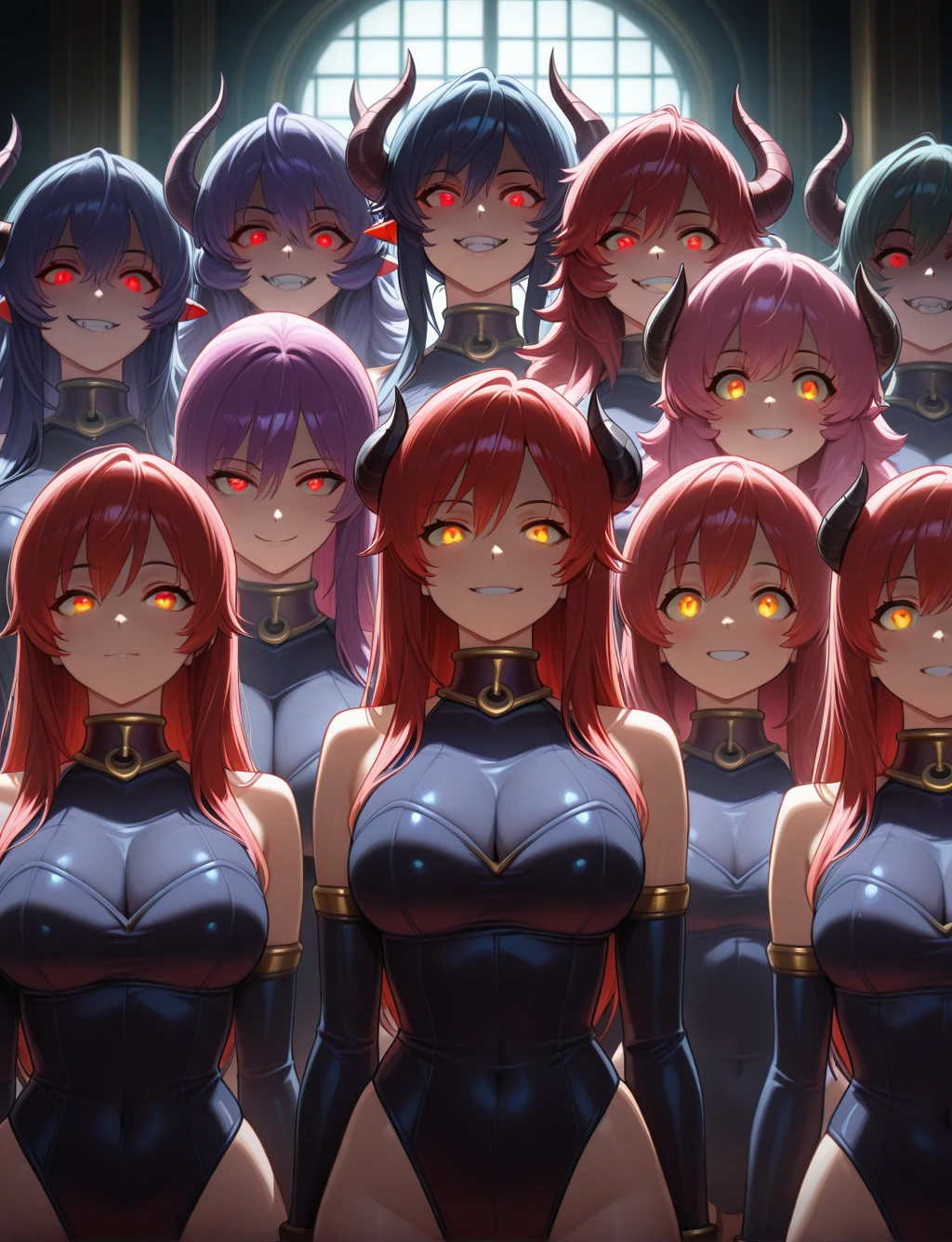 masterpiece,best quality,higres illustration,<lora:girls_lineup_IL:1>,lineup,monster girl,demon girl,evil smile,leotard,dark room,glowing eyes,teeth,