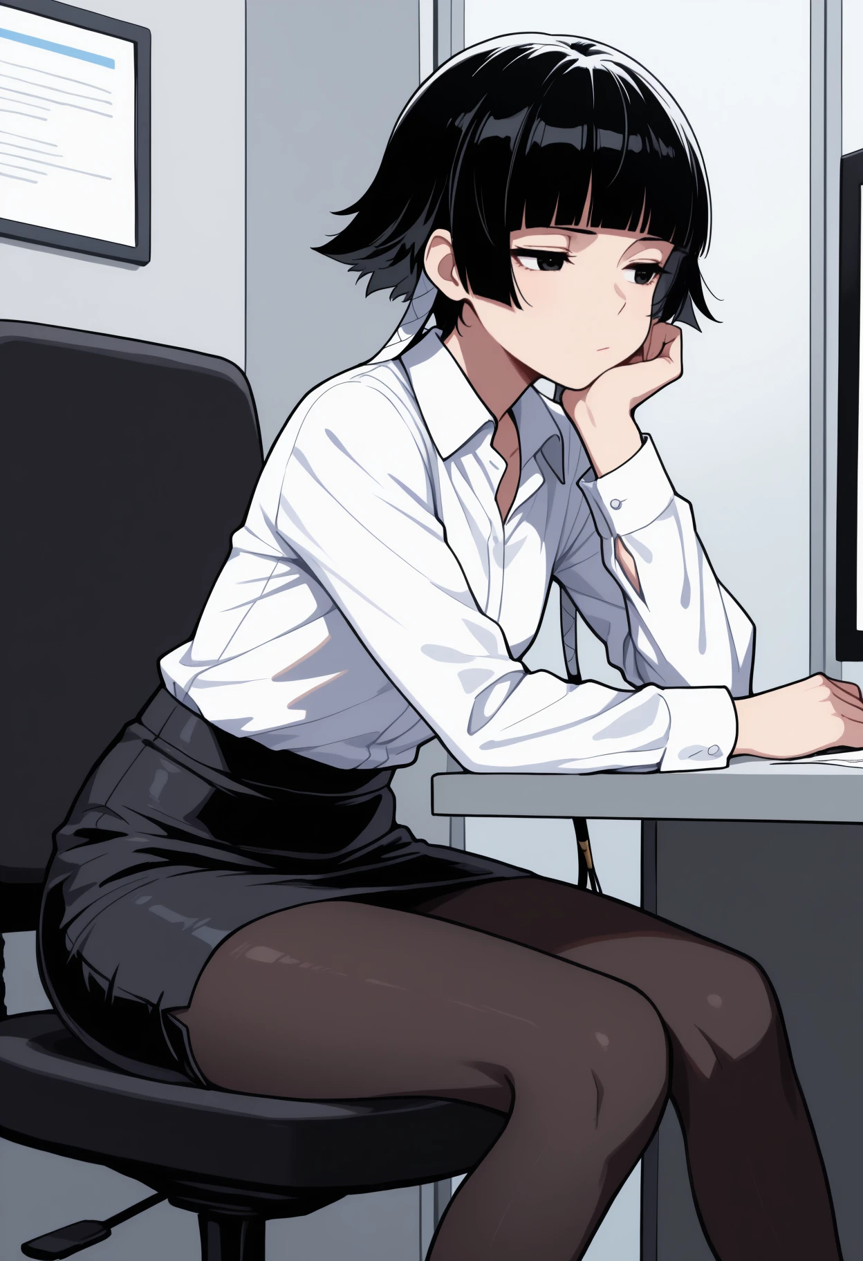 masterpiece, best quality, feet out of frame, solo, 1girl, bored, looking away, sitting, office chair, head rest, black hair, short hair with long locks, blunt bangs, black eyes, white shirt, collared shirt, long sleeves, black skirt, pencil skirt, black pantyhose, indoors, office, cubicle, table
<segment:yolo-Anzhc Face seg 640 v2 y8n.pt,0.4,0.5//cid=1>