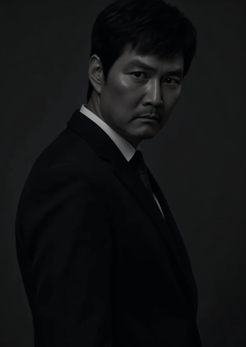 A side view half body b&w photo of Player456, wearing a black suit, looks sad, dim dark lighting, professional photo, photoshoot, dark gray plane background, grayscale, black and white photo