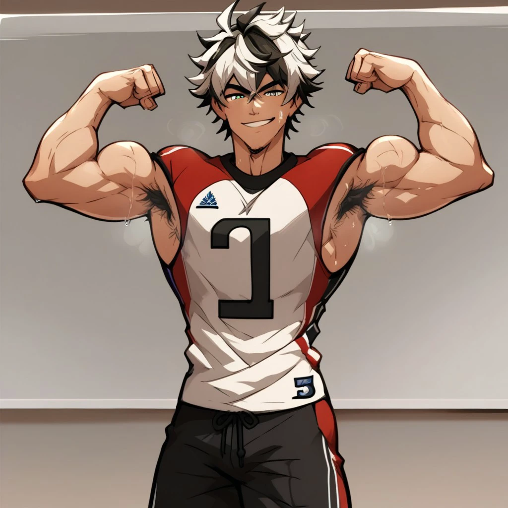 Draw a full-fledged athlete，Stand on the central field of the gym, Katsuki Bakugou wearing soccer shorts，big bulge, topless, bodybuilder, the man looks confident and determined，looking-down，full body，shooting from below，Red pupils, sweaty