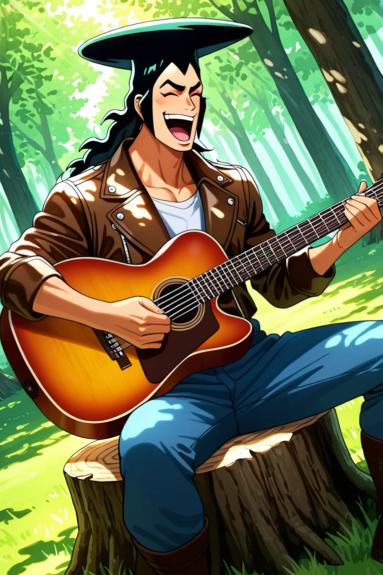 realistic shading, natural lighting, male focus, looking away, expressive happy face, closed eyes, kouzuki oden, black-bluish green_kouzuki oden_male long hair, red_kouzuki oden_makeup, 1boy, open mouth, smiling, singing, shiny skin, playing guitar, sitting on wood stump, , , spring clothes, cosplay, brown leather jacket, pants, boots, sunray, shadow, tree shade, serene, day, dappled sunlight, tree, forest, grass, dutch angle, dynamic angle, dynamic action, atmospheric perspective, cinematic, intricately detailed illustration, depth of field, masterpiece, best quality, amazing quality, very aesthetic, absurdres, newest, anime screencap
