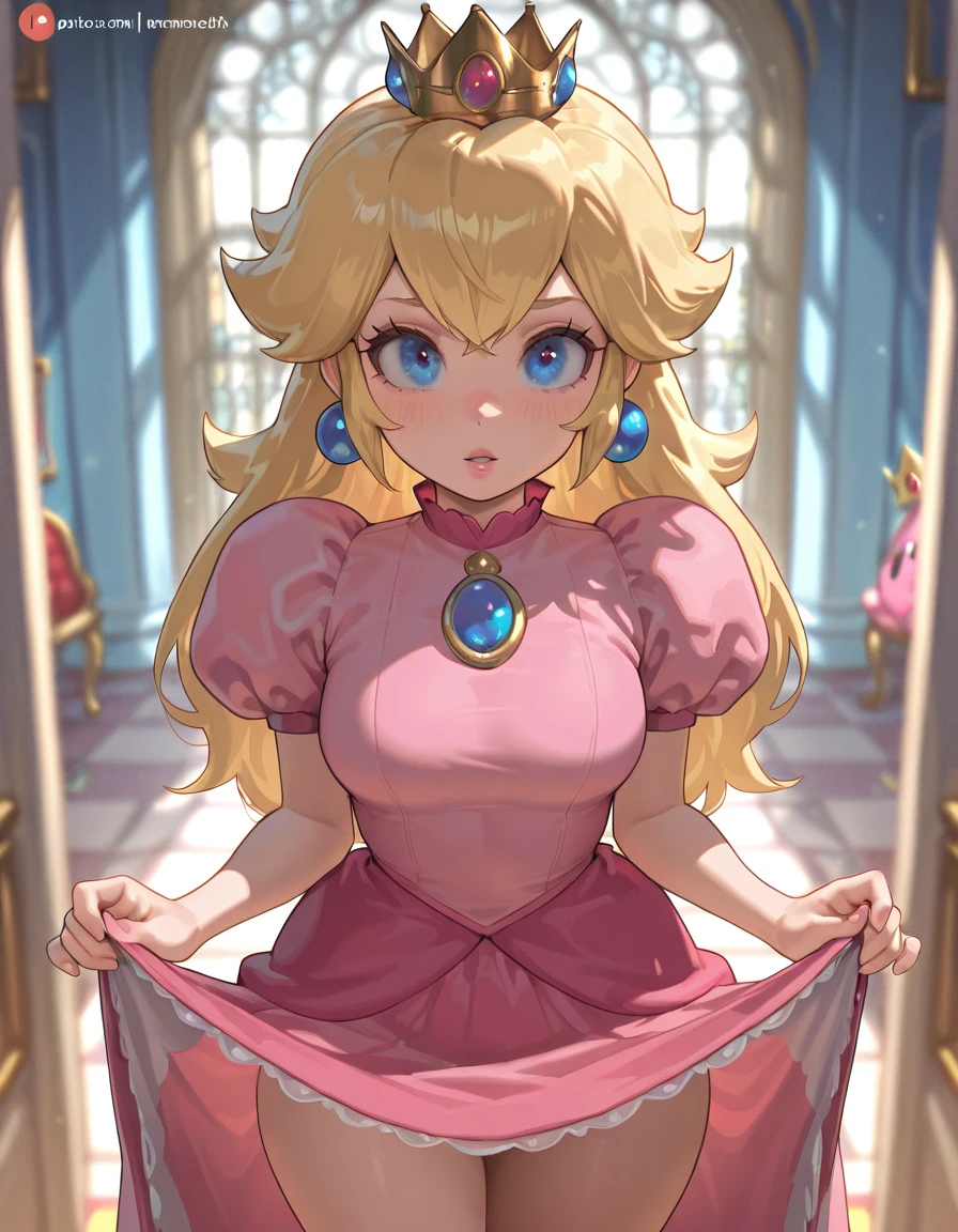 masterpiece, best quality, amazing quality, very aesthetic, absurdres, newest, <lora:princess_peachez:1>, princess_peachez, 1girl, blonde hair, blue eyes, jewelry, crown, long hair, cowboy shot