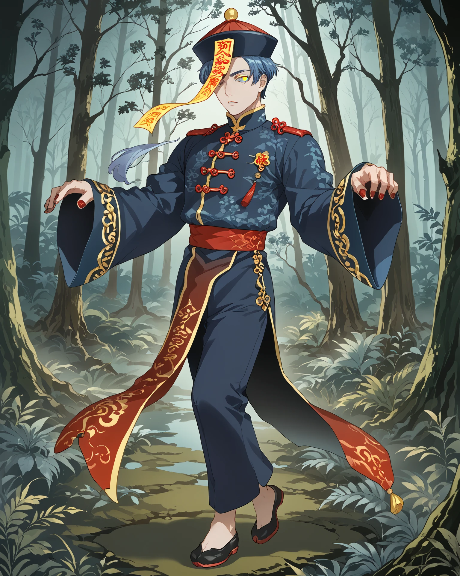 1boy, jiangshi, full body, standing on one leg, grey eyes, ringed eyes, navy-blue hair, red nailpolish, eerie forest, extremely detailed clothing, jewelry, masterpiece, absurdres, extremely detailed, digital art, score_9, score_8_up, score_7_up,  <lora:Jiangshi_Pony:1>,   <lora:[pony]Sunagawa Tara:1> sunagawa tara