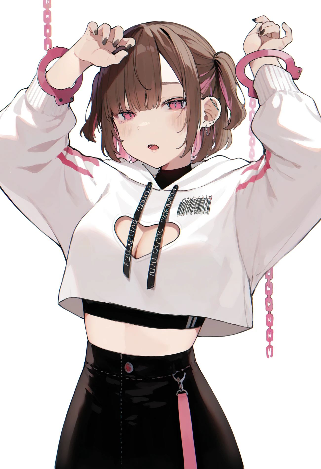 1girl, solo, streaked hair, pink streaks, brown hair, pink eyes, two side up, short hair, multiple earrings, stud earrings, black nails,
hooded sweater, white sweater, cropped sweater, chest cutout, breasts, black undershirt, sports bra, drawstring, black skirt, high-waist skirt, midriff, clothes writing,
pink handcuffs, chain, barcode, arm up, open mouth,
cinematic short, chromatic aberration,
very awa, masterpiece, highres, amazing quality, newest, absurdres,
<lora:hamunezuko:0.9>,
<lora:spo_sdxl_10ep_4k-data_lora_webui:0.75>