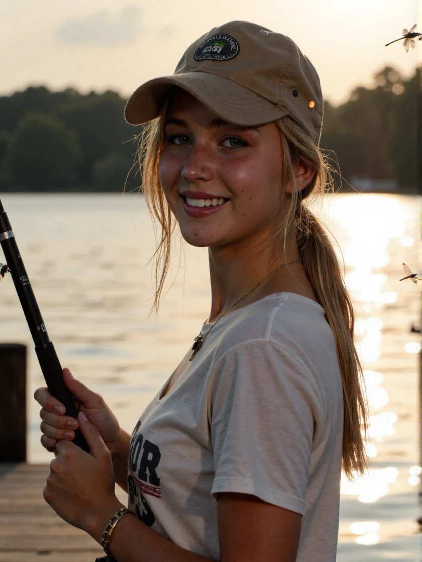 <lora:Jennifer_Lawrence_Ca2011:1> woman <lora:zz_s_Fluxartis:0.5> A highly detailed cinematic photography, looking directly at the viewer, looking directly at the camera, making eye contact, looking straight ahead, modest clothes, modest apparel, chest covered, modesty <lora:zz_s_Chest_Size_Slider:-2>, an extremely charismatic and captivating smile, smiling, happy, cutoff short shorts, <lora:zz_s_Vintage_T_Shirt:1> vintage t-shirt, fishing hat with several lures in it, ponytail, holding a fishing pole, looking back, dock of a lake, fishing, dragonflies, fish jumping, sun sparkles in air, water, and hair, candid, face lit by sunlight, smiling, aperture f/2.8, photo, high aesthetic quality, shutter speed 1/125s, soft lighting, iso 400, canon eos 5d mark iii, shallow depth of field, artistic staging, artistic use of light and shadow <lora:zz_s_Stylish_Lighting:0.5> god rays, golden hourâââ