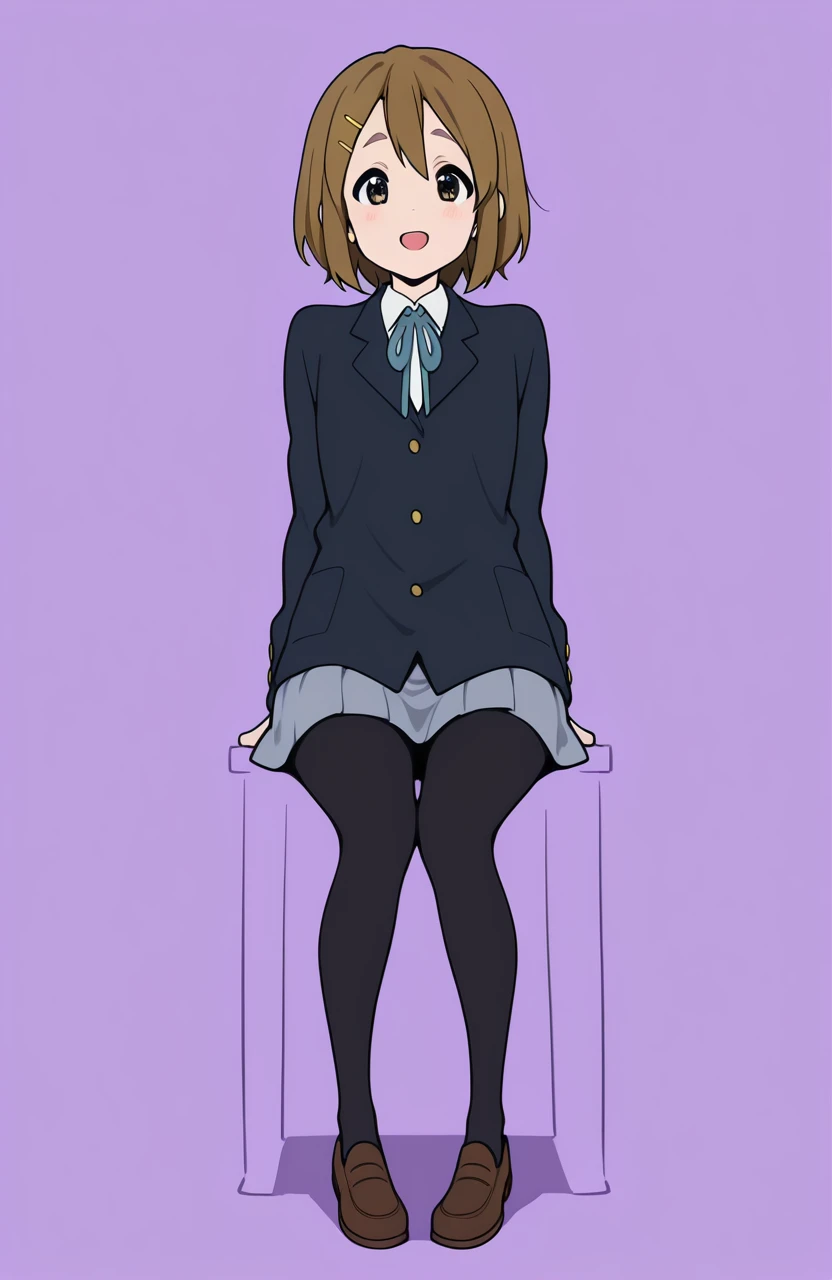 perfect quality,high quality,masterpiece,best quality,amazing quality,very aesthetic,absurdres,Cinematic Lighting,newest,Tactical use of shadow,
front view,full_shot,:d,
1girl,solo,brown hair,short hair,hairclip,hair ornament,brown eyes,sakuragaoka high school uniform,school uniform,winter uniform,jacket,blazer,pantyhose,skirt,shoes,HirasawaYuiCYQL,
full body,standing,sitting,
purple background,simple background,
flat color,sketchy,<lora:NoctFlatStyleILV0.6-Contrast:0.85>,,<lora:kon:1>,
