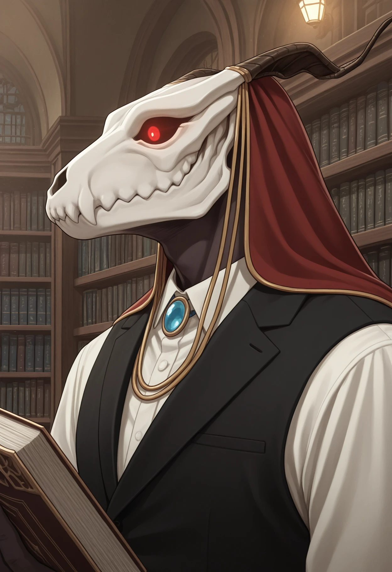 indoors, library, male focus, half-length portrait, elias ainsworth, red eyes, glowing eyes, blue necklace, white shirt, suit, holding book, detailed background, perfect anatomy, masterpiece, high quality, best quality, highres <lora:EliasAinsworth_TheAncientMagusBride_V1_ILXL:1> <lora:NOOB_vp1_detailer_by_volnovik_v1:1>