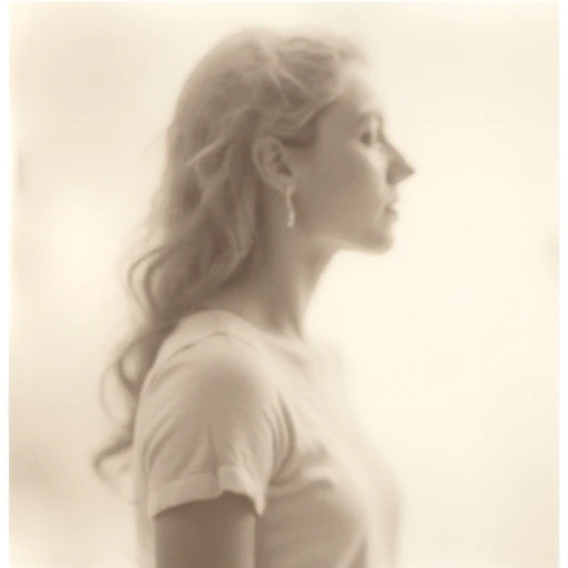 an aesthetic, minimalist depiction of a female profile in side view. she wears a t-shirt. The focus is on the soft contours and calm, monochromatic tones. The scene feels mystical and dreamy, almost as if viewed through a delicate mist, with gentle light accentuating the silhouette. The background is diffuse and creamy white, drawing attention to the elegant simplicity of the figure.