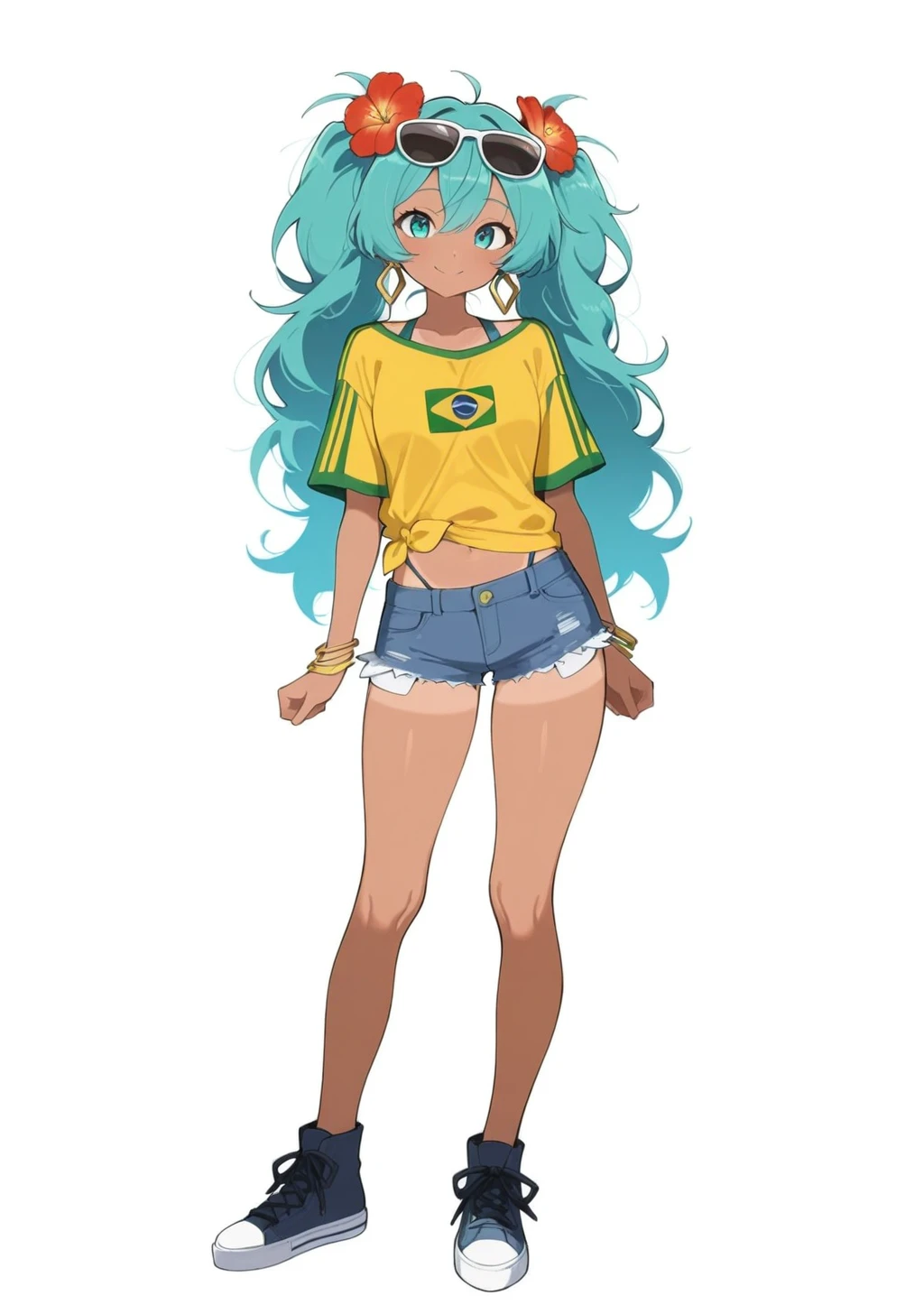 score_9, score_8_up, score_7_up, score_6_up, score_5_up, score_4_up, masterpiece, high quality, BREAK, full body, BREAK, 1girl, <lora:NOOB_vp1_detailer_by_volnovik_v1:0.8> , <lora:Brazilian_Miku_Hatsune_Miku_Vocaloid_Illustrious:0.8> brazilian miku, aqua hair, sunglasses on head, flower in hair, yellow shirt, brazil flag on shirt, denim shorts, booty shorts, tanned, 1girl, hatsune miku,