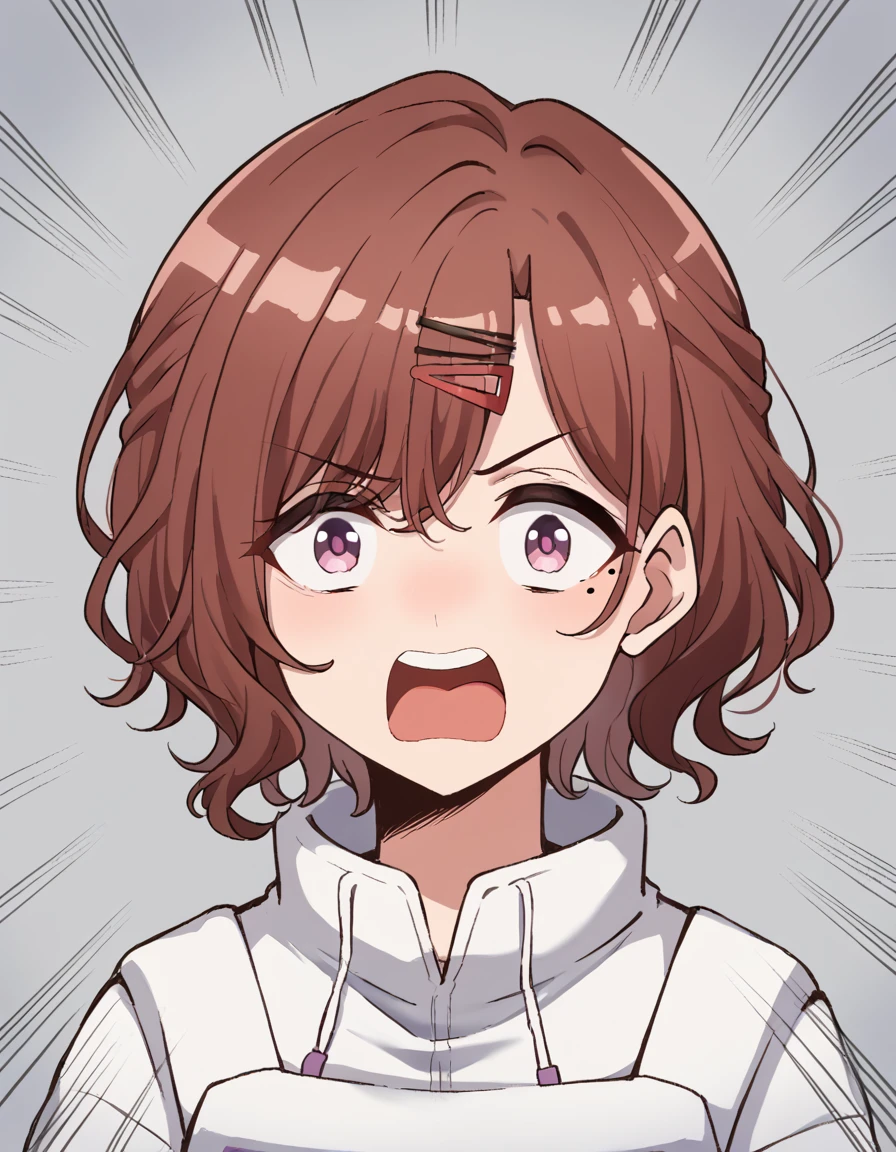 score_9, score_8_up, score_7_up, source_anime, <lora:madoka-higuchi-ponyxl-lora-nochekaiser:1>, madoka higuchi, brown hair, eyebrows hidden by hair, grey background, hair ornament, hairclip, mole, mole under eye, purple eyes, short hair, wavy hair,, <lora:agemasen-ponyxl-lora-nochekaiser:1>, agemasen, agemasen! (meme), emphasis lines, looking at viewer, meme, open mouth, upper teeth only, ,