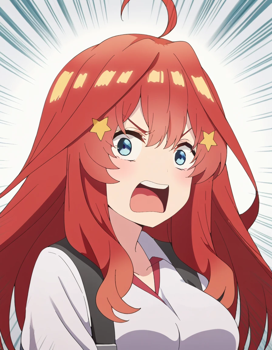 score_9, score_8_up, score_7_up, source_anime, <lora:itsuki-nakano-s2-ponyxl-lora-nochekaiser:1>, itsuki nakano, bangs, long hair, blue eyes, hair between eyes, ahoge, red hair, star (symbol), hair ornament, star hair ornament, large breasts, anime screencap, <lora:agemasen-ponyxl-lora-nochekaiser:1>, agemasen, agemasen! (meme), emphasis lines, looking at viewer, meme, open mouth, upper teeth only, ,