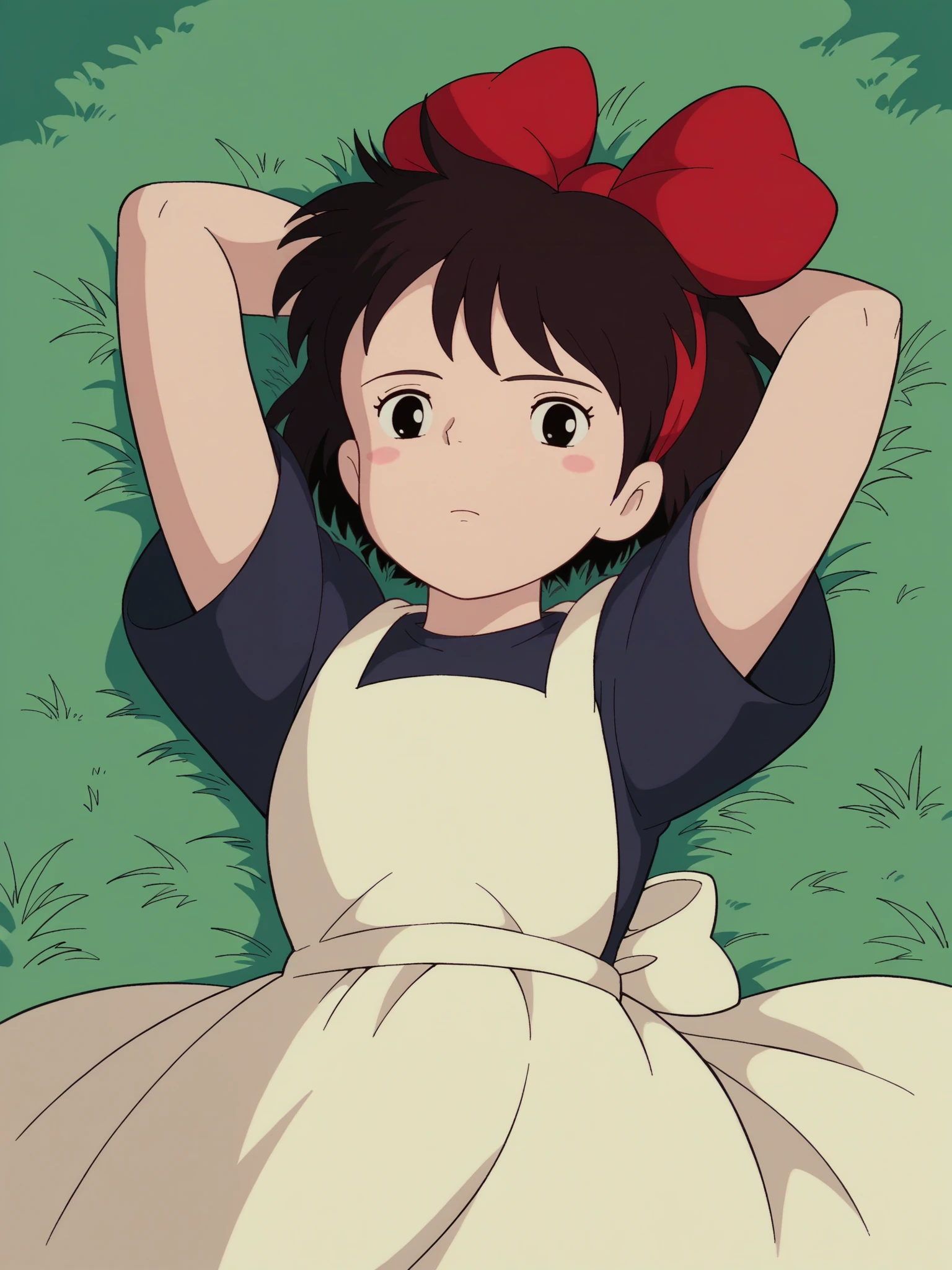score_9, score_8_up, score_7_up, score_6_up, score_5_up,
1girl, solo, arms_behind_head, black_hair, hair_bow, bow, grass, blush_stickers, short_hair, lying, hairband, black_eyes, on_back, dress, style_parody, official_style, parody, retro_artstyle, short_sleeves, upper_body, expressionless, red_bow, apron, arms_up
 <lora:Kikis_Delivery_Service:1>