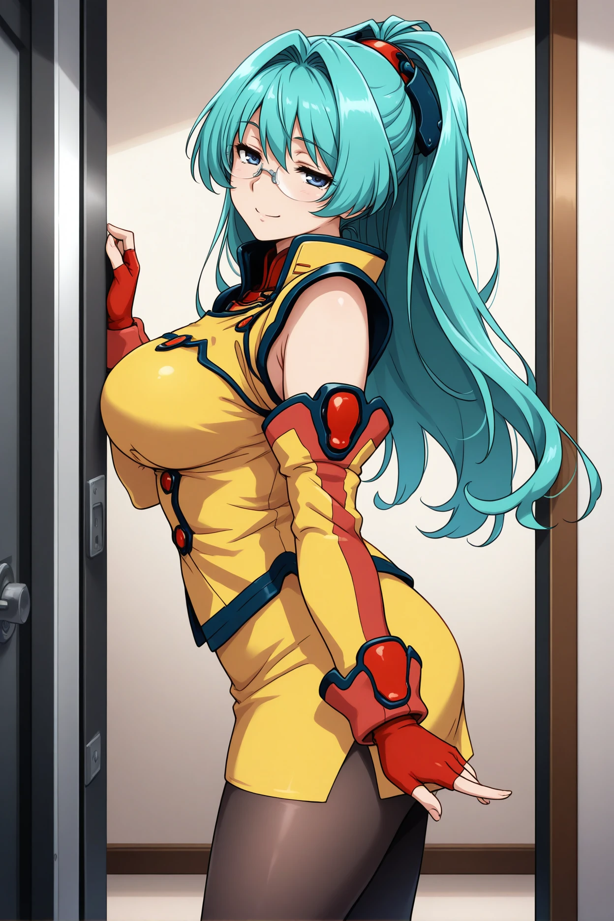 masterpiece, best quality, 1girl, solo, <lora:srtangelica-illu-nvwls-v1-000005:1> srtagc, aqua hair, hair intakes, high ponytail, long hair, blue eyes, glasses, turtleneck, yellow uniform, sleeveless shirt, yellow skirt, red gloves, fingerless gloves, detached sleeves, black pantyhose, beckoning, looking at viewer, half-closed eyes, from side, large breasts, doorway, smile, hand up