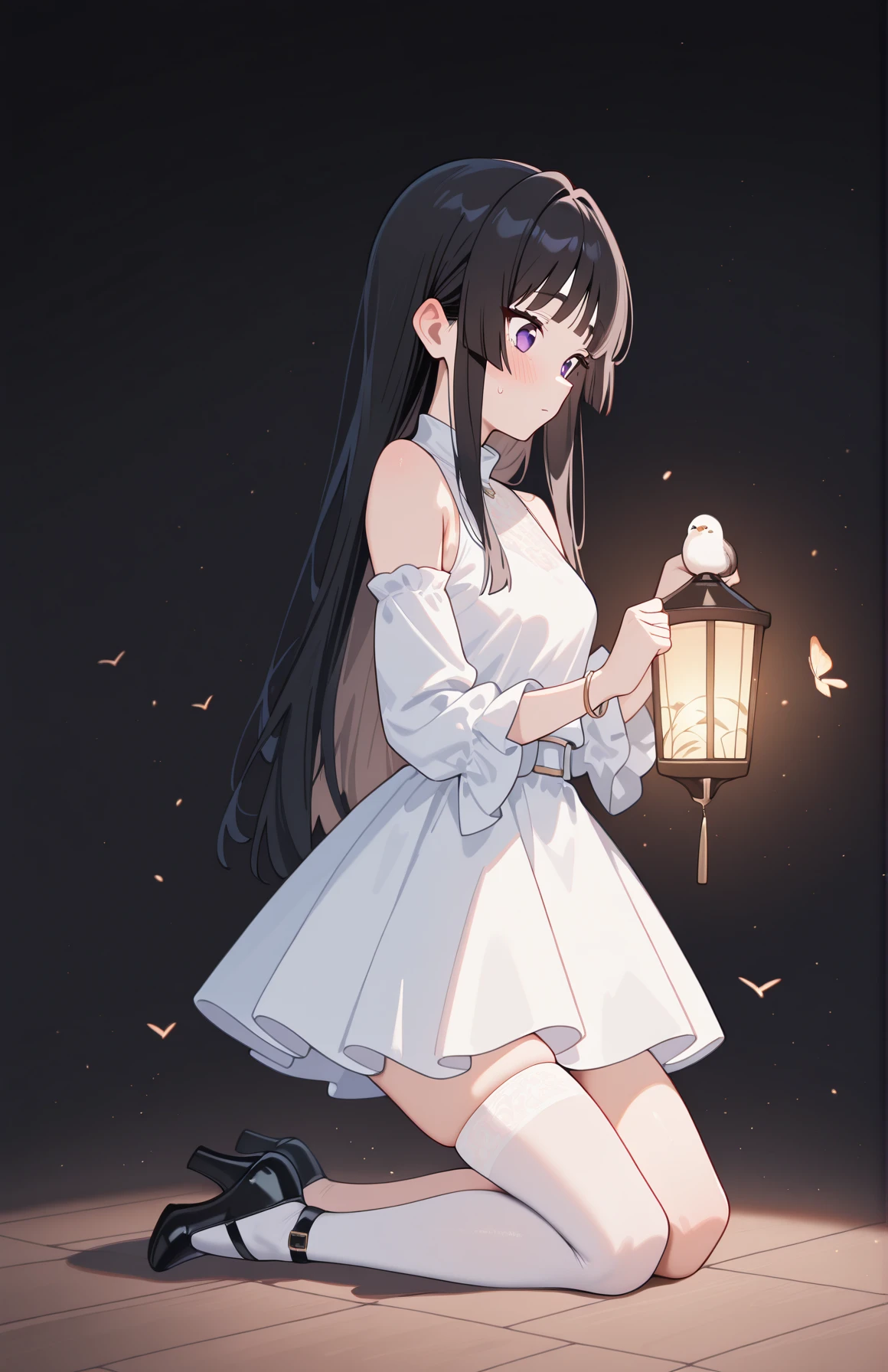 perfect quality,high quality,masterpiece,best quality,amazing quality,very aesthetic,absurdres,Cinematic Lighting,newest,Tactical use of shadow,
1girl,black hair,long hair,hime cut,black eyes,AkiyamaMioCYQL,,
holding,dress,detached sleeves,thighhighs,black footwear,kneeling,full body,blush,white thighhighs,white dress,high heels,jewelry,bird,single thighhigh,bracelet,lantern,sleeveless,x looking at viewer,closed mouth,,
<lora:kon_Illustrious by Cyql:1>,<lora:CUTE2712_Illustrious by Cyql:0.8>,pastel colors,CUTE2712,<lora:NoctFlatStyleIllustrious:0.5>,
