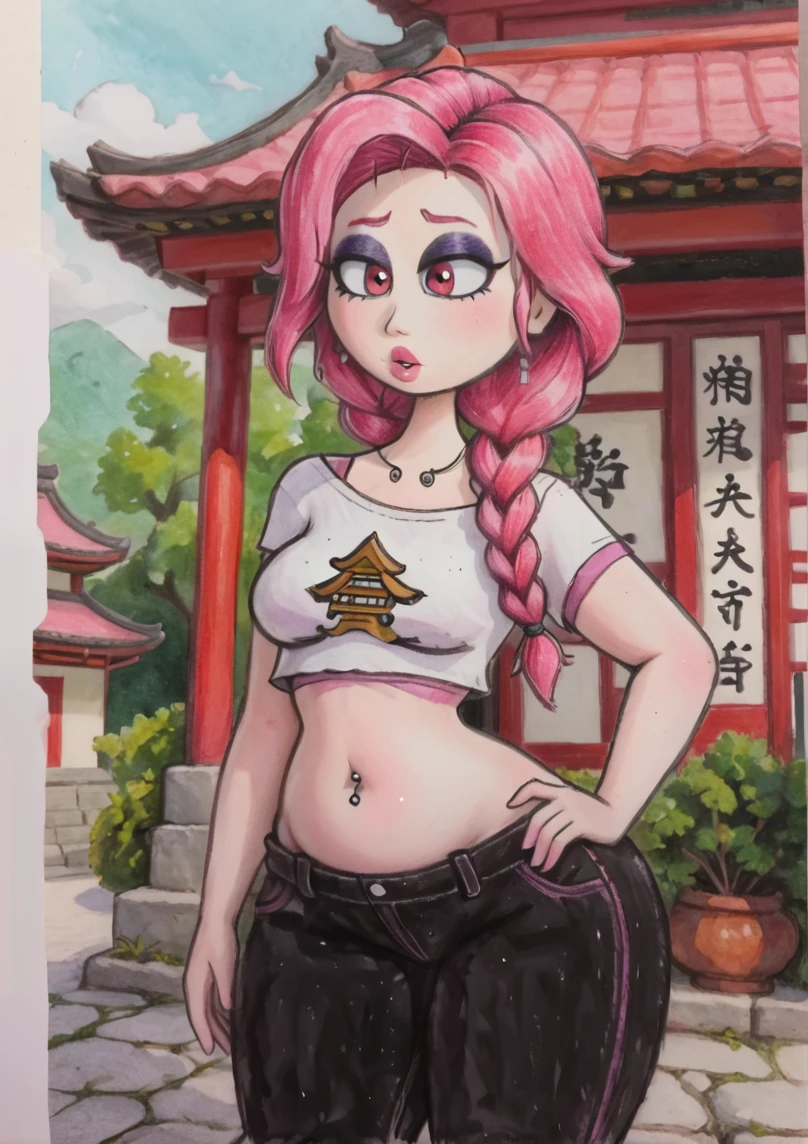 1girl, solo,
 <lora:SameShow_art_style.:1> midriff, navel, crop shirt, pants, colored_pencil_drawing, source_SameShow, pink eyes, pink hair, braids, 
lips, eyeshadow, (outdoor, Japan), undone pants, curvy, upper_body, hand on hips, navel piercing, pagoda,