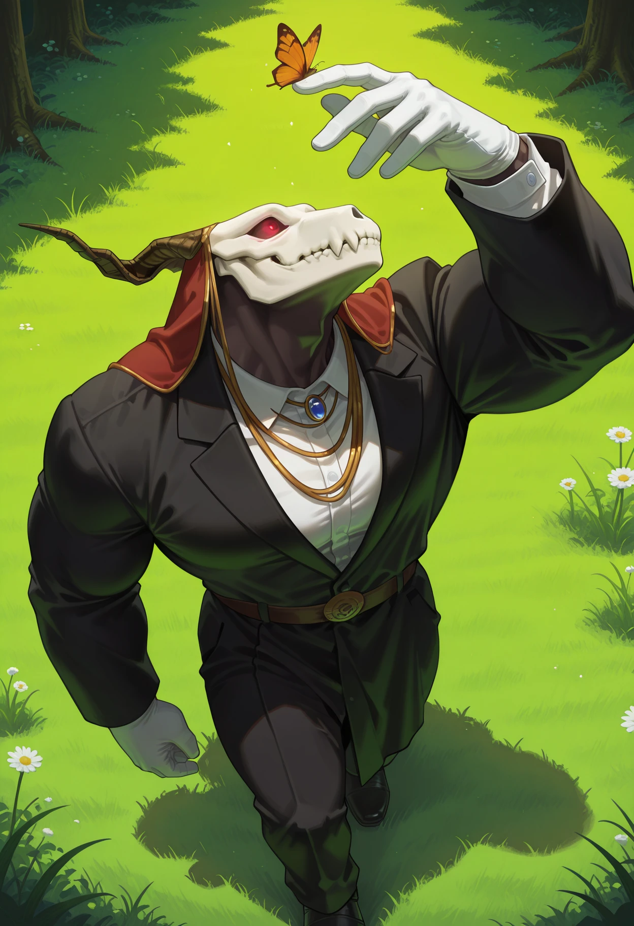 outside, grass, walking, from above, looking up, butterfly, solo, elias ainsworth, red eyes, glowing eyes, black robe, magician robe, white shirt, white gloves, blue necklace, muscular, male focus, detailed background, perfect anatomy, masterpiece, high quality, best quality, highres, aesthetic <lora:EliasAinsworth_TheAncientMagusBride_V1_ILXL:1> <lora:NOOB_vp1_detailer_by_volnovik_v1:1> <lora:lora:0.5> <lora:ChamIllustriousBackgroundEnhancer:1>