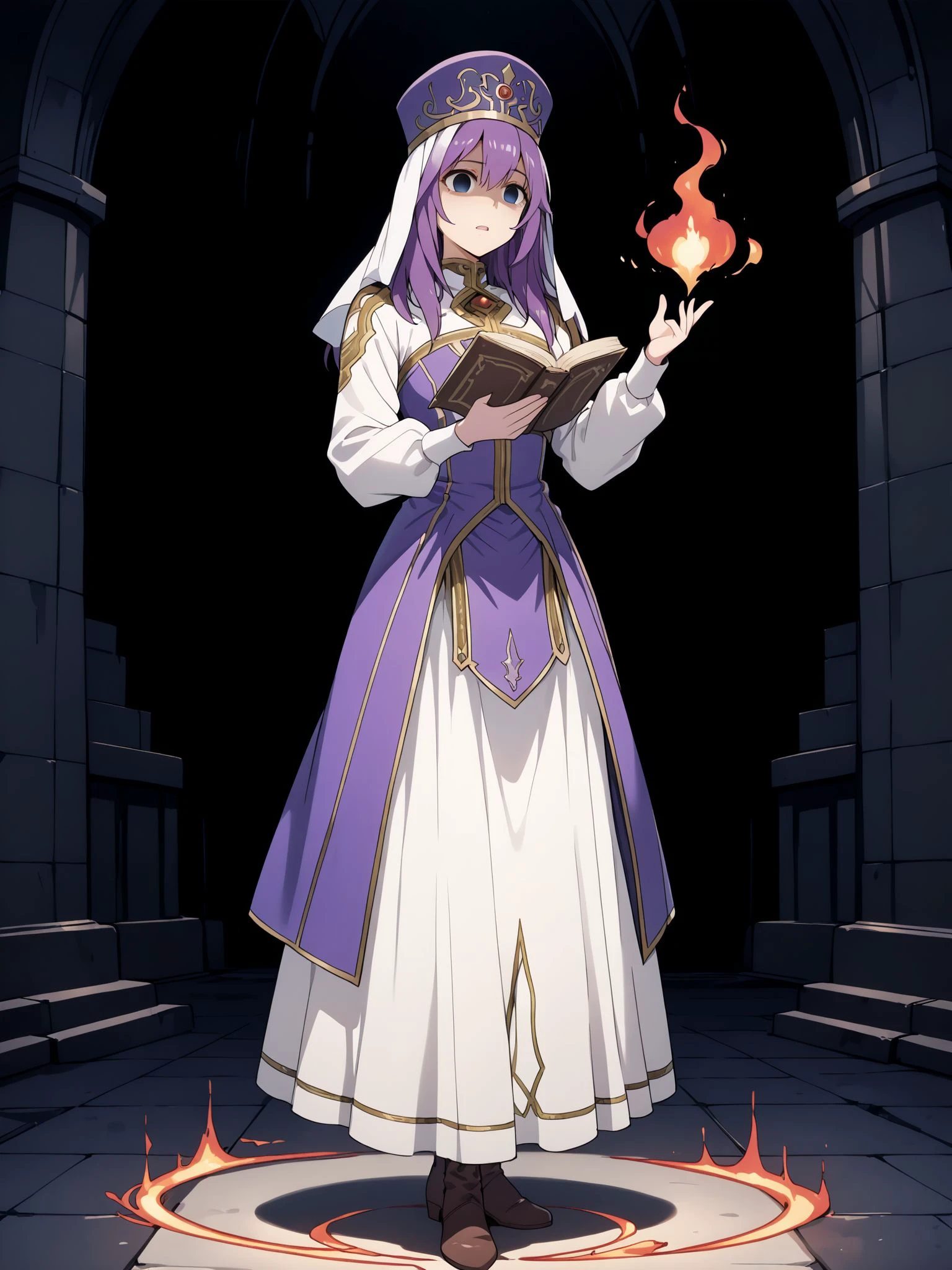 masterpiece,best_quality,1girl,solo,<lora:eremiya feh_illustriousXL:0.8>,eremiya feh,hat,long dress,boots,full body,standing,shaded face,empty eyes,holding book, open book,fire effects,fire magic