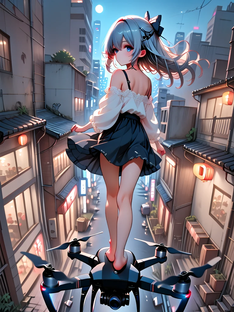 ((standling on aerial drone)), upper body, vanishing point, perspective, milf, 2girls, skirt, barefoot, floating hair, wind, horizon, skyline, scenery, cityscape, looking at viewer, from below, dutch angle, alley, street, storefront, <lora:girllikeaerialdrone:1>