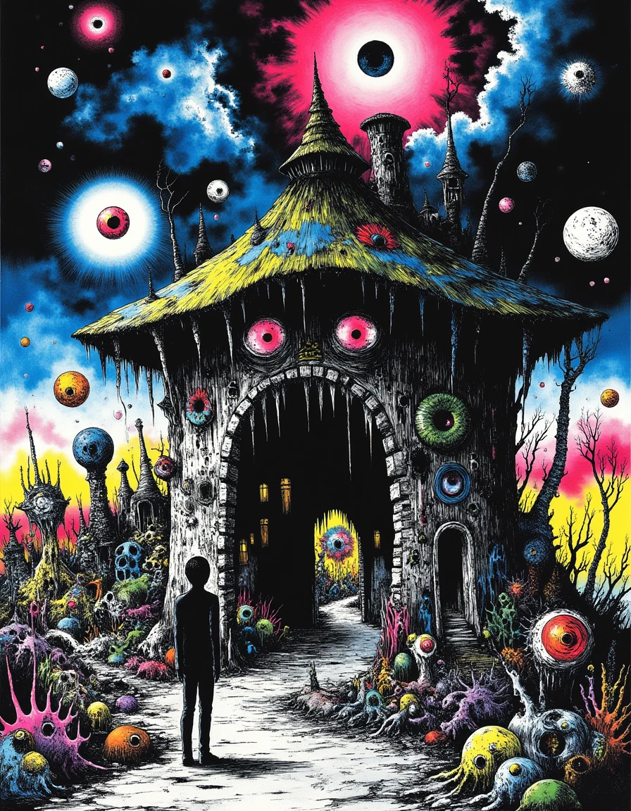 cr3z1h0rr0r two people standing in front of a building with red eyes, surrounded by a sky filled with clouds
<lora:Crazy_Horror:0.8>