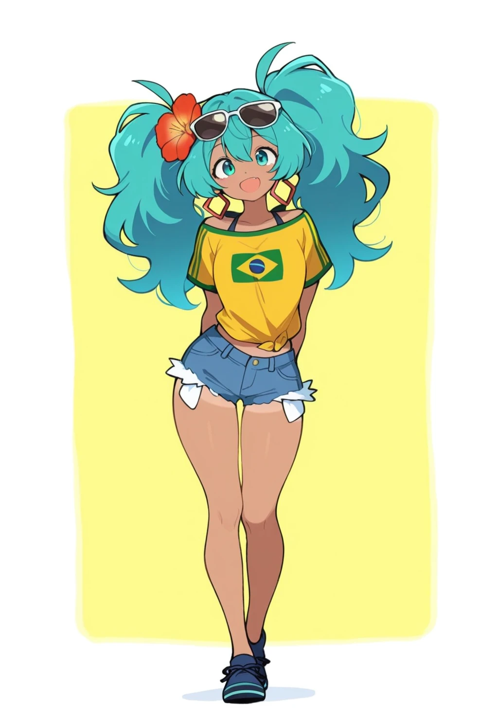 score_9, score_8_up, score_7_up, score_6_up, score_5_up, score_4_up, masterpiece, high quality, BREAK, full body, BREAK, 1girl, <lora:NOOB_vp1_detailer_by_volnovik_v1:0.8> , <lora:Brazilian_Miku_Hatsune_Miku_Vocaloid_Illustrious:0.8> brazilian miku, aqua hair, sunglasses on head, flower in hair, yellow shirt, brazil flag on shirt, denim shorts, booty shorts, tanned, 1girl, hatsune miku,