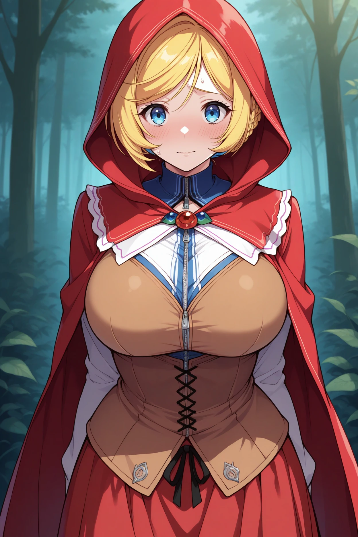 masterpiece, best quality, 1girl, solo, <lora:srwmelua-illu-nvwls-v1-000006:1> meluamelnameia, blonde hair, french braid, large breasts, blue eyes, hair ornament, red cloak, frilled shirt, brown tunic, red skirt, long skirt, forest, looking at viewer, nervous, hood up