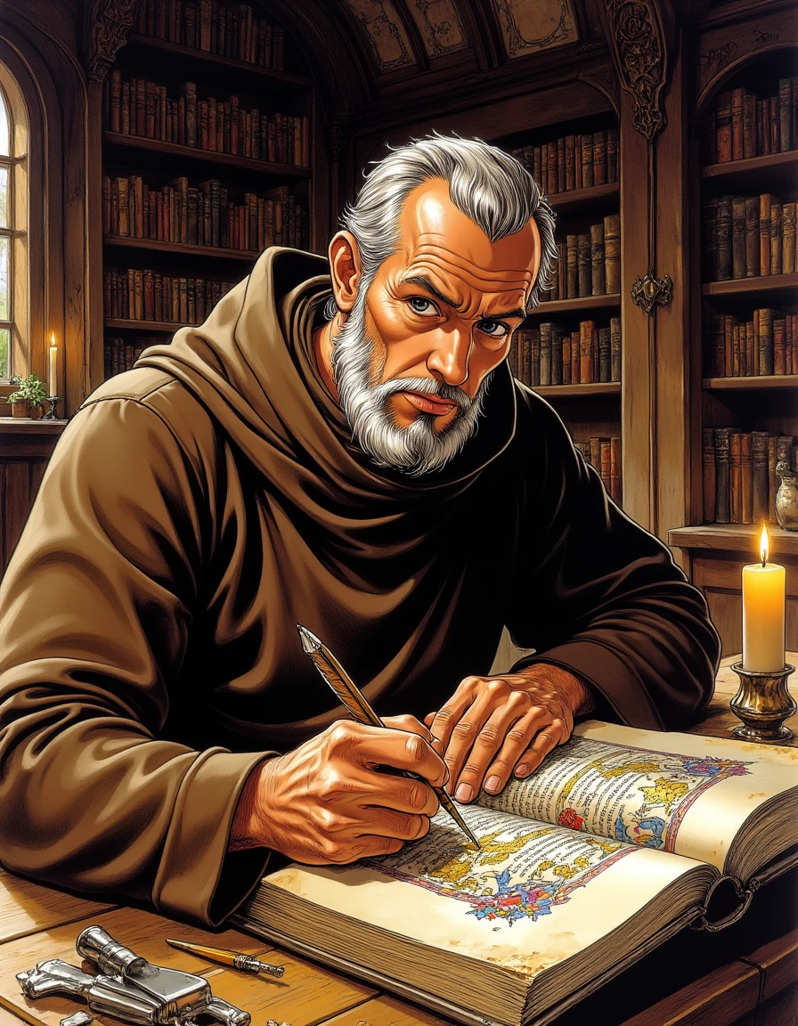 g0rg309s close up portait of A medieval monk, dressed in a simple brown robe, sits at a wooden desk in a dimly lit scriptorium, meticulously illuminating a manuscript. His expression is one of serene dedication as he carefully applies vibrant colors and intricate gold leaf to the pages. The room is filled with the soft glow of candlelight, shelves of ancient books, and the faint sound of quills scratching
<lora:Just_Gorgeous:0.7>