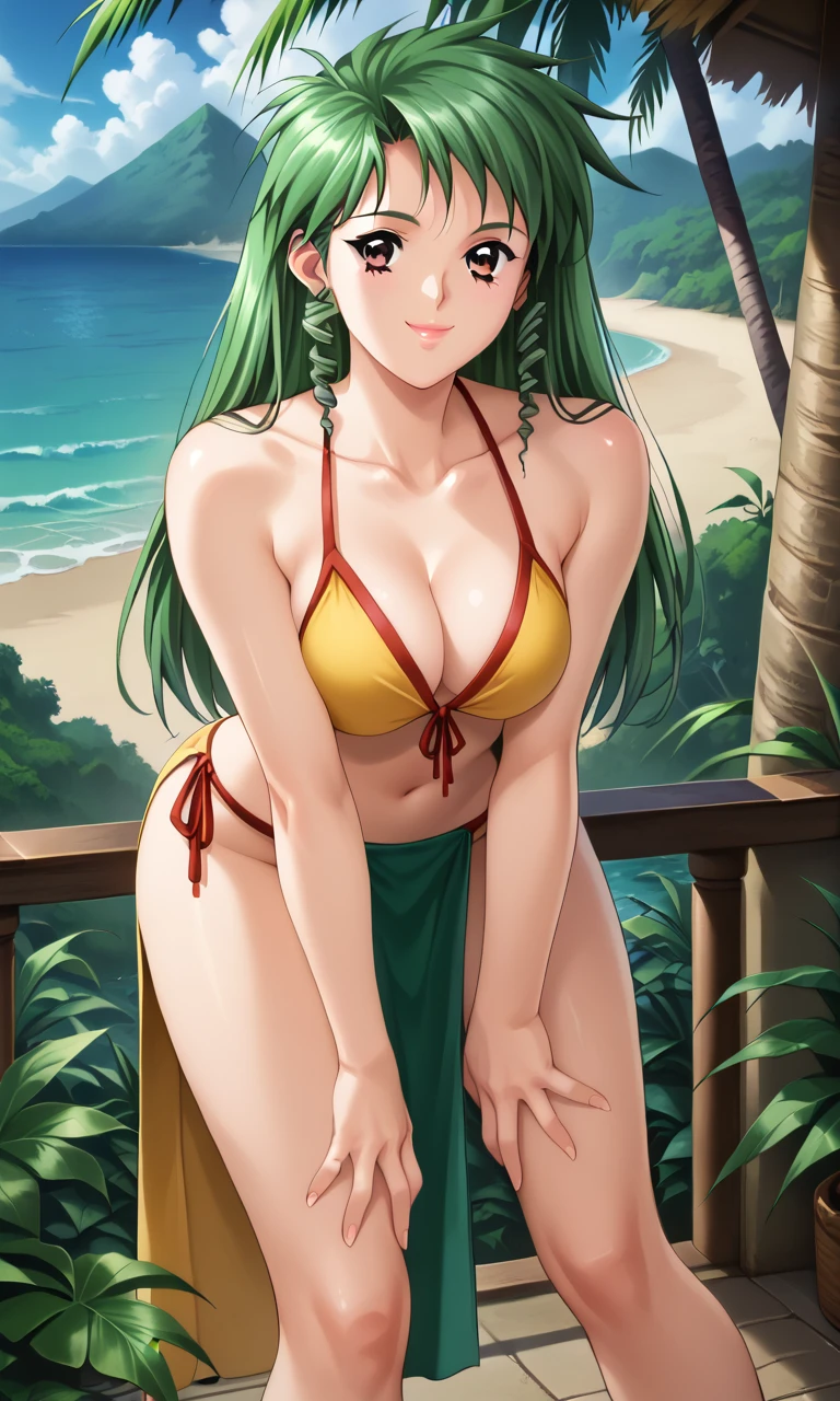 score_9, score_8_up, score_7_up,BREAK chih, brown eyes,1girl, green hair, long hair,drill hair,twin drills,tropical cloth,island,ocean,storm,leaning forward,smiling,<lora:sakumaorig-000009:1>