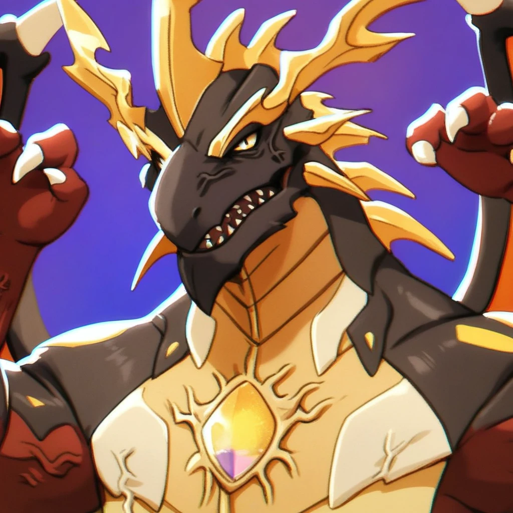 masterpiece, best quality, male focus, jewelry, long hair, 1boy, solo, earrings, bangs, gloves, ponytail, (( Over size Claws)), multicolored hair, brown hair, hair between eyes, yellow eyes,gradient hair, suit, black hair, digimon \(creature\), ((orange eastern Dragon horn and brown Tail), ((orange Crystals on body)), ((Orange, Black and brown Colour schemes)), (Zhongli as a Digimon), ((mid transformation sequence)), ((Sharp Fangs, Draconic ))
