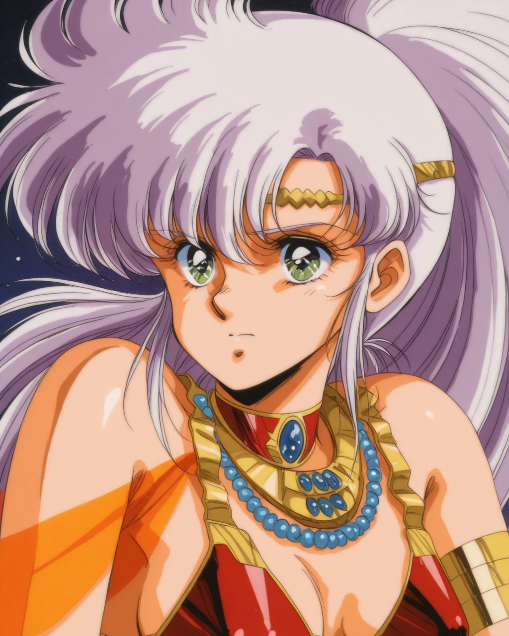 lemnear_ba, 1girl, solo, lavender hair, bangs, long hair, ponytail, gold headband, green eyes, red bikini armor top with lavender cloth, red choker with gold trim, single gold armband, single arm cloth, headshot, official art, retro \style\, 1980s \style\, <lora:lemnear_il_1:1>, close view