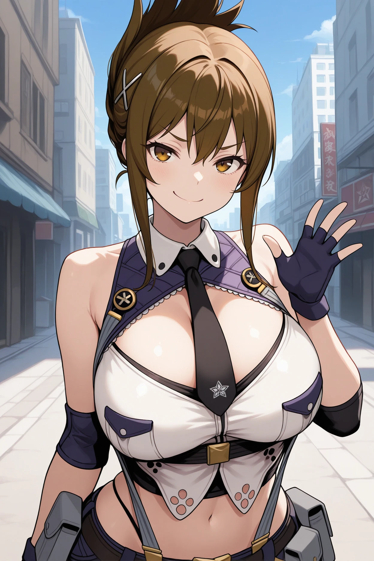 masterpiece, best quality, 1girl, solo, <lora:srtchitose-illu-nvwls-v1-000006:1> srtchitose, brown hair, folded ponytail, amber eyes, hair ornament, shirt collar, white crop top, sleeveless, black necktie, cleavage, midriff, suspenders, black shorts, short shorts, belt, pouch, elbow pads, fingerless gloves, large breasts, looking at viewer, upper body, smile, smug, blue sky, city, street, portrait