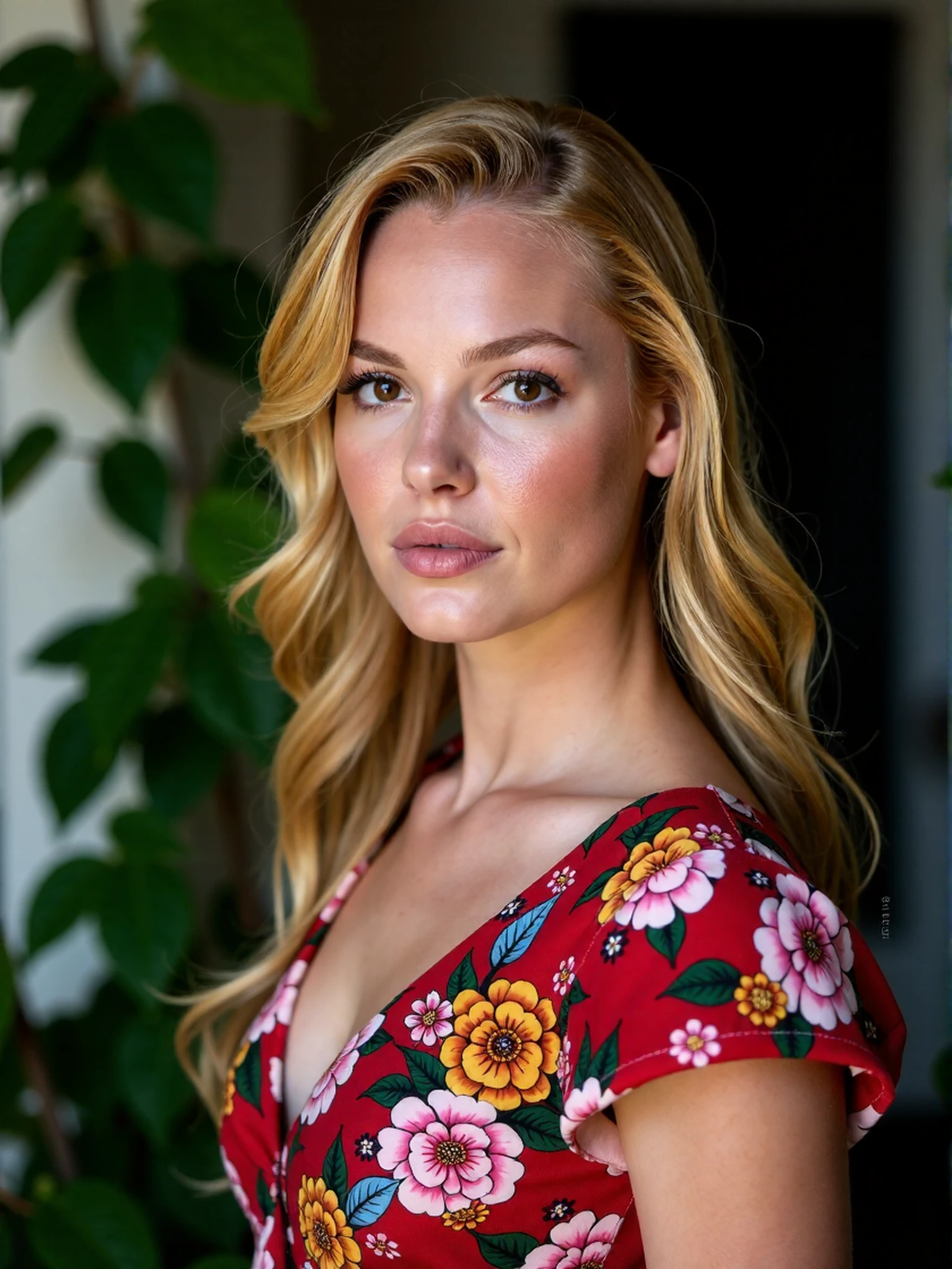 <lora:Katherine_Heigl_Ca2008:1> woman, looking directly at the viewer, looking directly at the camera, making eye contact, looking straight ahead, modest clothes, modest apparel, chest covered, modesty <lora:zz_s_Chest_Size_Slider:-2>, smiling, happy, laughing, This is a high-resolution photograph of the subject with striking features and long, wavy, vibrant hair that cascades past her shoulders. Her hair is styled in loose waves, framing her face and shoulders. Dark eye makeup, adding depth and intensity to her gaze. She wears a vibrant, floral-patterned, short-sleeved dress in a deep red hue, adorned with colorful floral prints in shades of pink, yellow, and blue. The dress has a V-neckline and a fitted bodice, with a full skirt that falls gracefully around her. Her expression is serious yet composed, with her lips slightly parted and a subtle, natural glow on her skin. The background is blurred, with hints of green foliage and a soft, warm lighting that enhances the natural colors of her dress and hair. The overall ambiance of the photograph is intimate and serene, with a focus on the subject's natural beauty and timeless elegance.âââ