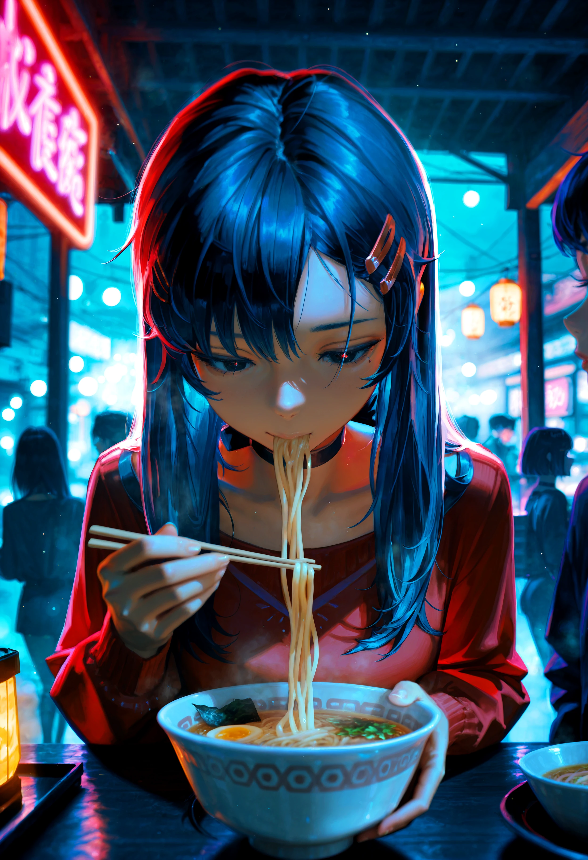 HDR, 8K, high contrast, masterpiece, best quality, amazing quality, very aesthetic, high resolution, ultra-detailed, absurdres, newest, scenery, (horikoshi kouhei:0.3), (quasarcake:0.3), (wlop:0.3), light rays, straight on, close up, chiaroscuro, noodles, chopsticks, ramen, neon lights, ms_kind_mita, black eyes, blue hair, black hair, long hair, bangs, hairclip, long sleeves, red sweater, holding chopsticks, eating, choker, food, holding, bowl, looking away, cyberpunk, glowing, solo focus, lantern, (bokeh), fog, BREAK, photorealistic, beautiful detailed eyes, detailed skin, detailed hair, volumetric lighting, dappled light, light particles, dramatic shadows, cinematic lighting, photo background, depth of field, <lora:ponyxl\cfg_scale_boost:0.7> <lora:IL\KMS_MiSIDE_Mita_x6_IL:0.8>