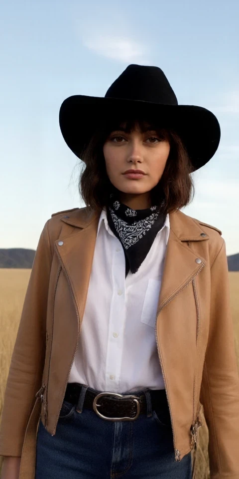 purn3ll
walking woman closeup selfie video upperbody visible
The young woman walks along, her black hair cut into a sleek bob that frames her face, with blunt bangs skimming just above her dark, focused eyes. The brim of her weathered cowboy hat shades her face, casting a dramatic shadow that highlights her sharp cheekbones and sun-kissed complexion. She wears a light tan leather jacket, fitted snugly over a crisp white button-up shirt with the collar slightly open. A dark brown bandana with subtle paisley patterns is knotted loosely around her neck, adding a touch of character to her otherwise practical attire. Her sleeves are rolled up to her elbows, revealing strong forearms, while her silver belt buckle gleams faintly under the sunlight. Her bare hands rest lightly on the reins, her fingers firm yet relaxed, radiating confidence and ease.
Behind her, the sprawling plains stretch endlessly, a golden sea of tall grasses swaying gently in the breeze. The sky is an endless expanse of pale blue, with streaks of soft clouds drifting lazily overhead. The sunlight bathes everything in a warm glow, accentuating the rich, earthy hues of the landscape. The distant outline of jagged hills rises on the horizon, their dark crevices contrasting against the soft tones of the plains. The air is still, save for the rustle of the grass and the occasional cry of a hawk soaring high above. The serene, untamed beauty of the setting provides the perfect backdrop, amplifying the quiet strength and poised elegance of the lone rider.