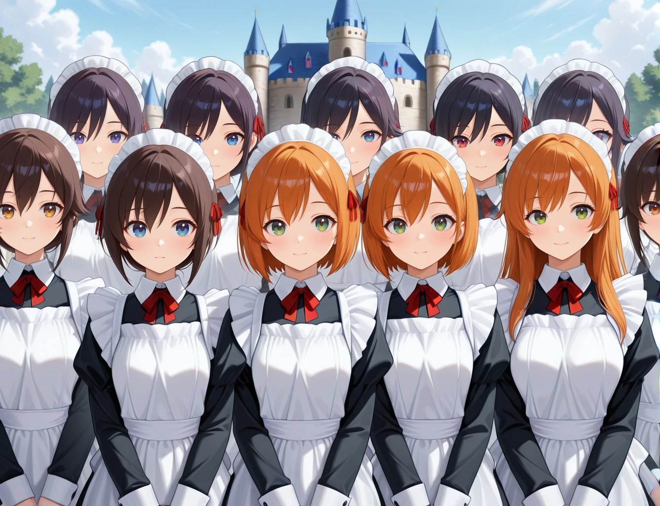 masterpiece,best quality,higres illustration,detailed face,<lora:girls_lineup_IL:1>,lineup,castle,maid,maid headdress,