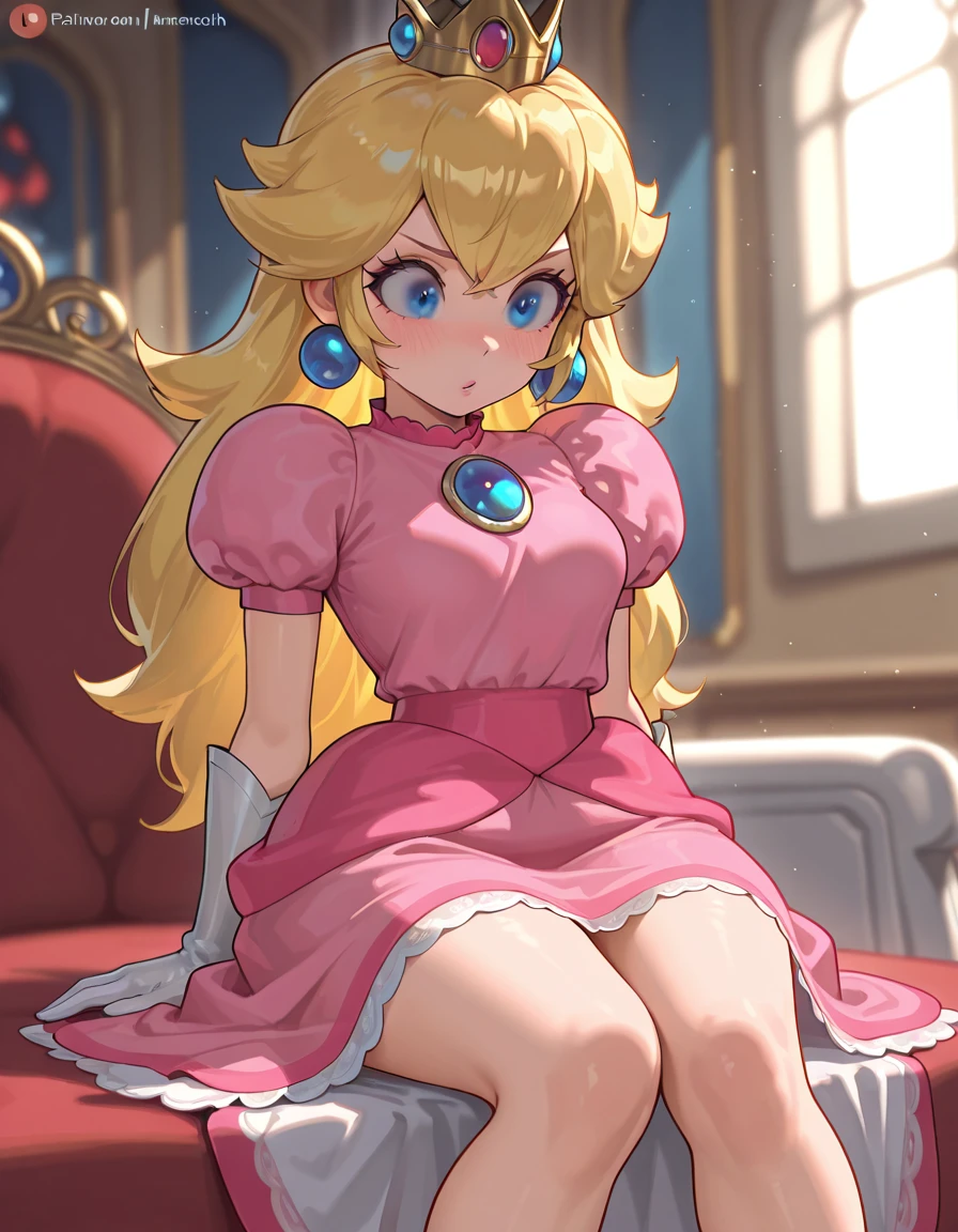 masterpiece, best quality, amazing quality, very aesthetic, absurdres, newest, <lora:princess_peachez:1>, princess_peachez, 1girl, blonde hair, blue eyes, jewelry, crown, long hair, sitting down