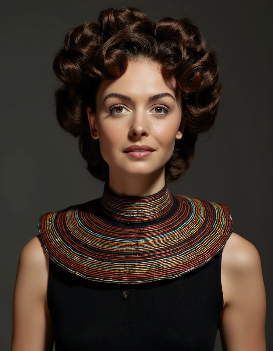 wearing a space dress with a collar that looks like the rings of saturn with different colored rings with elaborately curled hair <lora:donna-reed-flux:1.1>