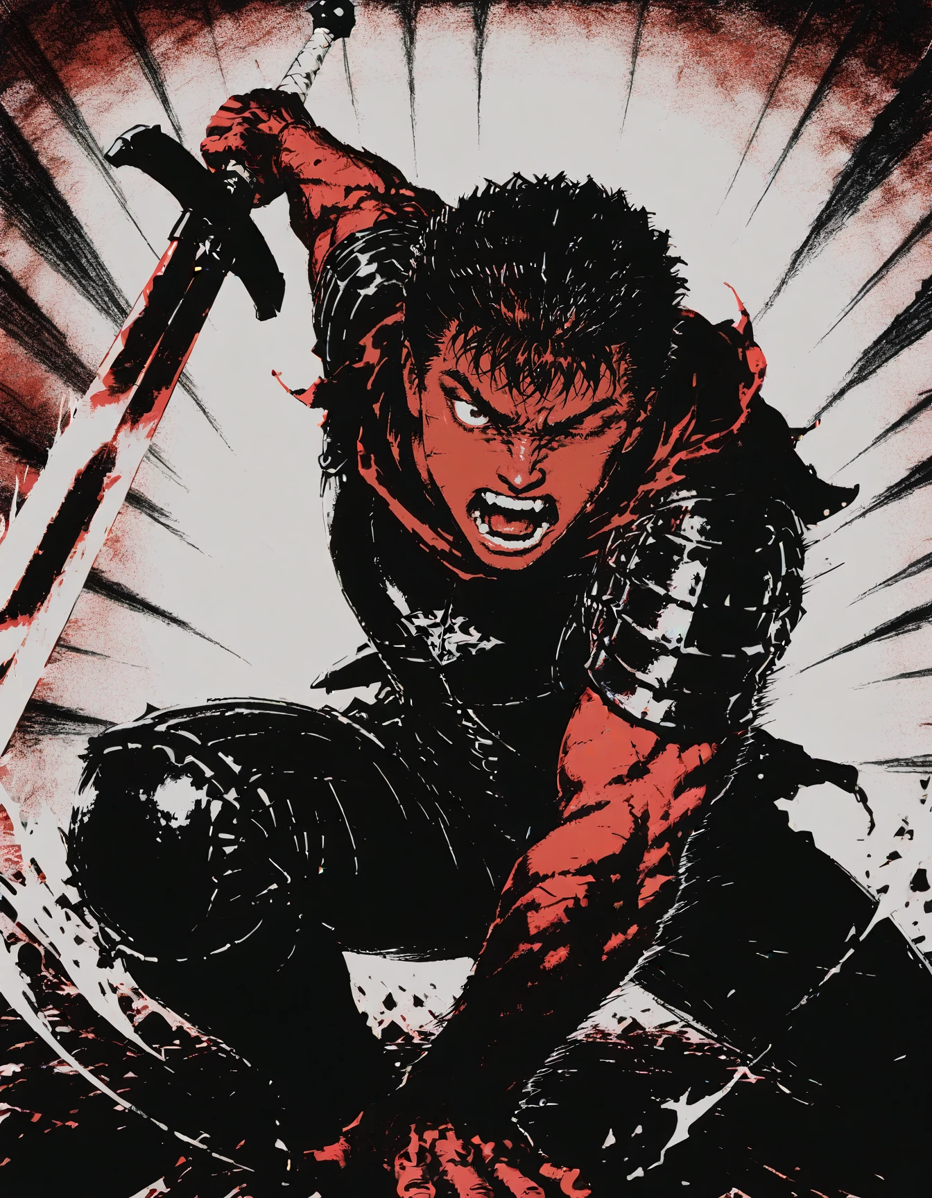 masterpiece, best quality, 1boy, Guts \(Berserk\), holding sword, great sword, charging attack, red and black theme, multiple monochrome, open mouth, one closed eye, rage, black amor, attacking, fighting stance, motion background, motion lines, trails, front view,<lora:dcr34sed-c0l0ring:1> dcr34sed_c0l0ring