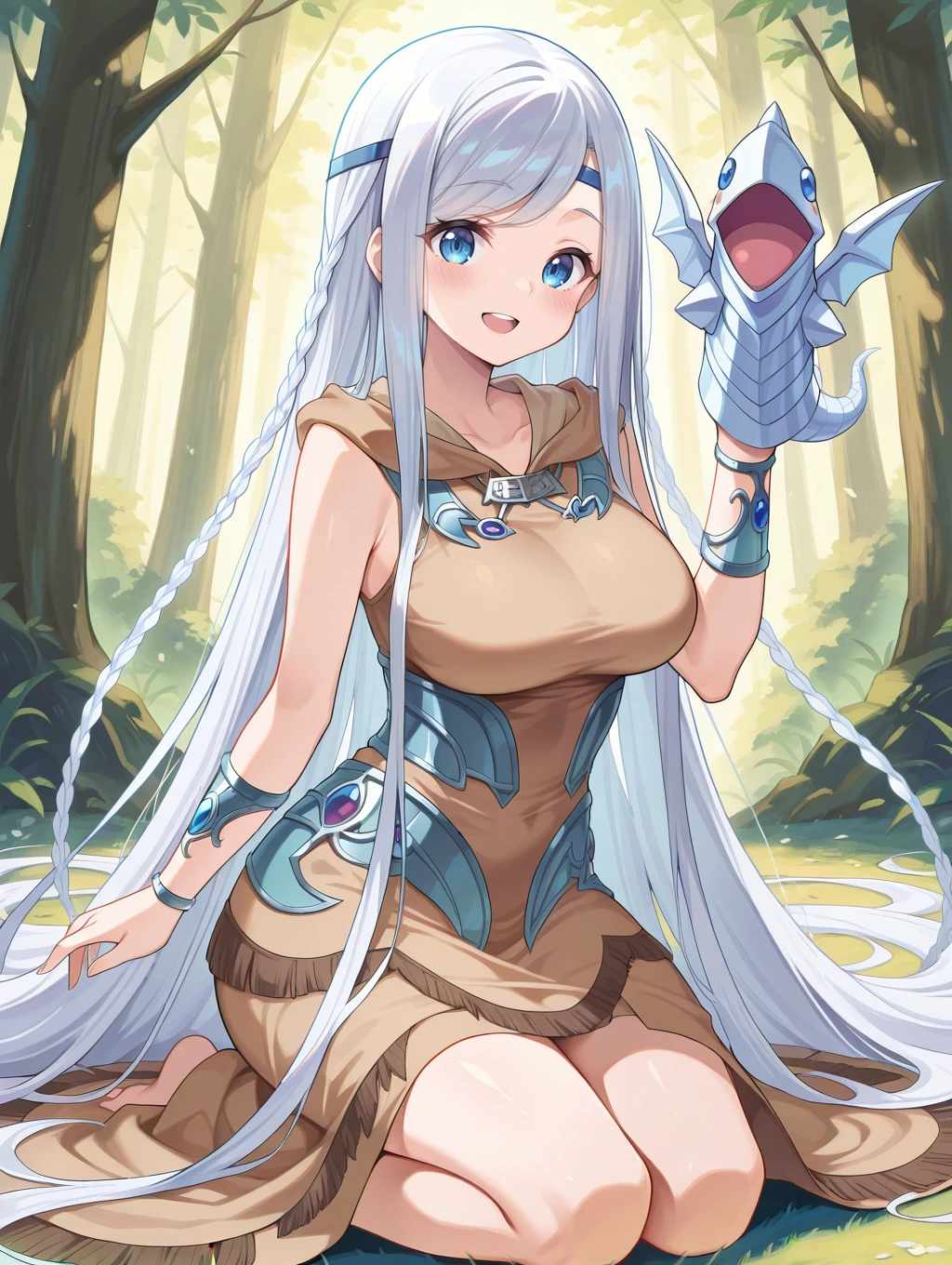 maiden with eyes of blue, 1girl, dragon, chibi, solo, open mouth, smile, brown dress, kneeling, forest, absurdly long hair, looking at viewer, blush,  blue circlet, puppet gloves, silver bracelet
masterpiece,best quality,amazing quality,very aesthetic,absurdres,newest, <lora:Maiden with Eyes of Blue illuXL v1.11:0.7>