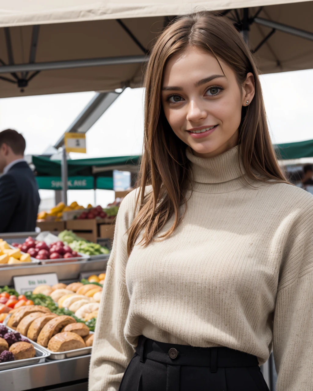 woman, blairGNRC, overcooked audience, smiling, a turtle-neck sweater and slacks, market stall
