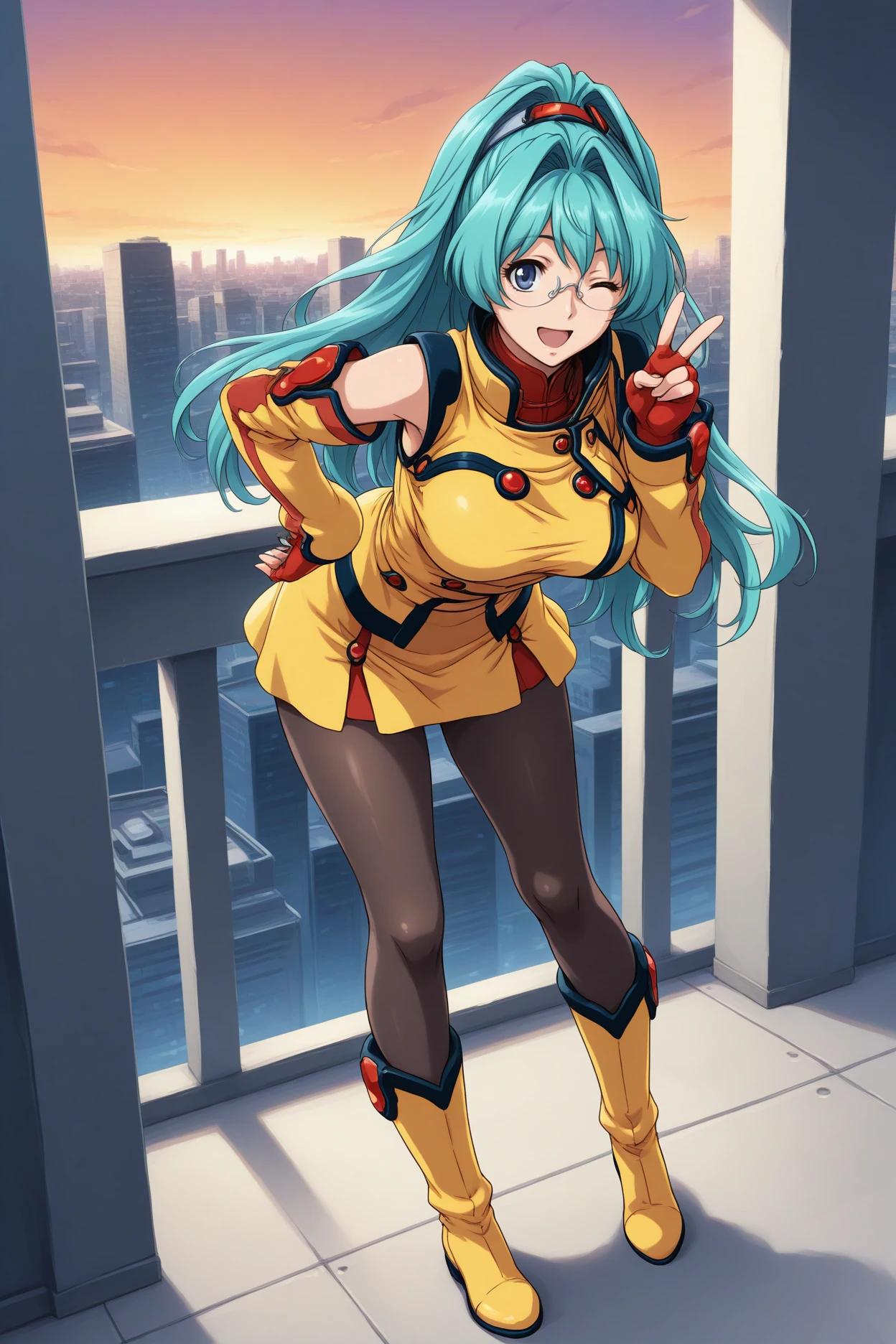 masterpiece, best quality, 1girl, solo,   <lora:srtangelica-illu-nvwls-v1-000005:1> srtagc, aqua hair, hair intakes, high ponytail, long hair, blue eyes, glasses, turtleneck, yellow uniform, sleeveless shirt, yellow skirt, red gloves, fingerless gloves, detached sleeves, black pantyhose, yellow boots, full body, wink, happy, peace sign, leaning forward, city, twilight, large breasts