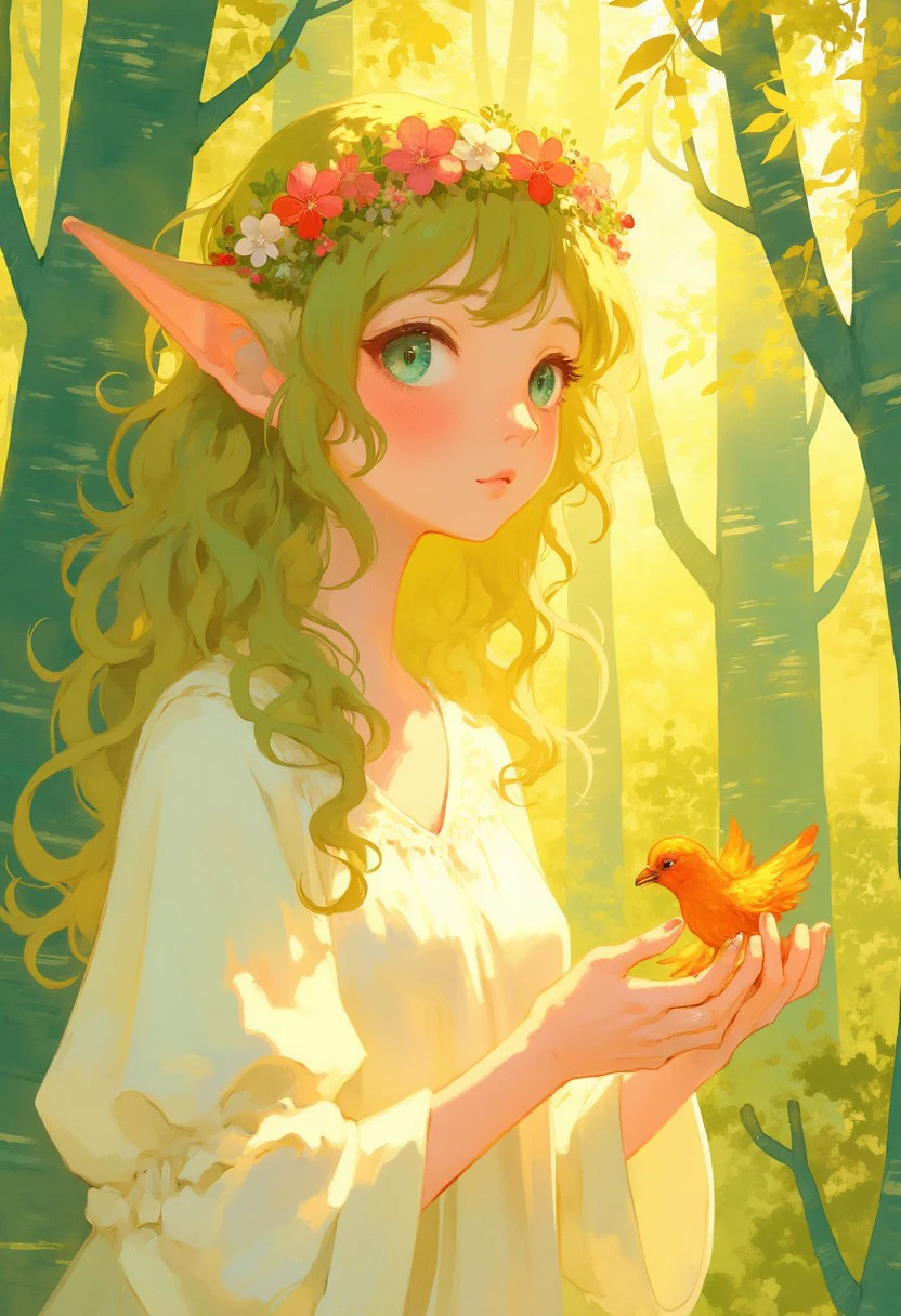 closeup of a beautiful elven princess. pointy elf ears, a little bird in her hands,wearing a flowercrown, stunning blue eyes, white silken dress. In an enchanted green forest,sun rays,soft pastel anime