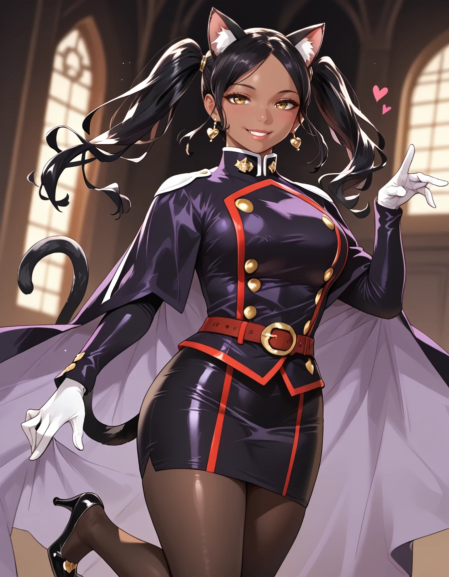 score_9, score_8_up, score_7_up, score_6_up, best quality, high quality, masterpiece, extremely detailed character, detailed eyes, perfect face, ultra-realistic eyes, beautiful face, source anime, mature female, nfsw, 1girl, solo, miniskirt, solo, long hair, gloves, long sleeves, jewelry, pantyhose, earrings, belt, dark-skinned female, military uniform, skirt lift, prachi, black pantyhose, cloak, cape, high heels, standing one leg, twintails, cat ears, cat tail, kawaii, heart-shaped hands, cute,smile, looking at viewer, breast press, <lora:Prachi_Sherawat-_Mato_Seihei_No_Slave:0.8> <lora:Mixed_ArtstyleV2:0.6>
