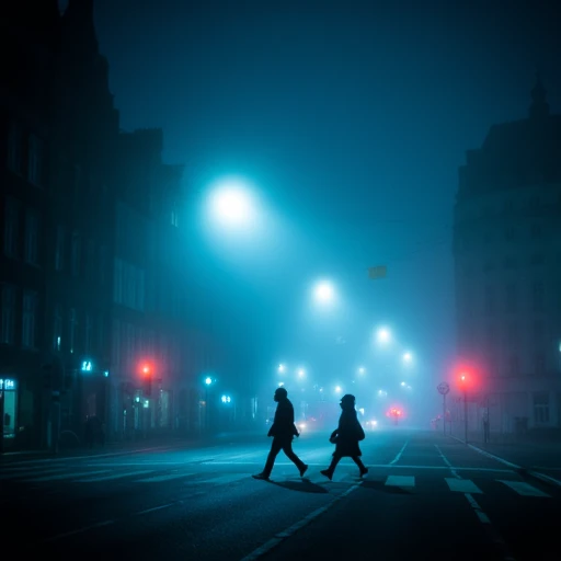 Haze. This is a photograph capturing a misty, nighttime urban scene in a city, likely in Europe, given the architectural style of the buildings and street signs. The image is bathed in a cool, ethereal blue and teal light, creating a surreal, almost dreamlike atmosphere. The scene is dominated by a pedestrian crossing, with three silhouetted figures walking across a dimly lit street. The figures are dressed in winter clothing, including coats and hats, suggesting cold weather.  The street is lined with tall, old buildings on both sides, their facades barely visible through the mist. Streetlights and traffic lights cast a soft glow, their colors muted by the fog.