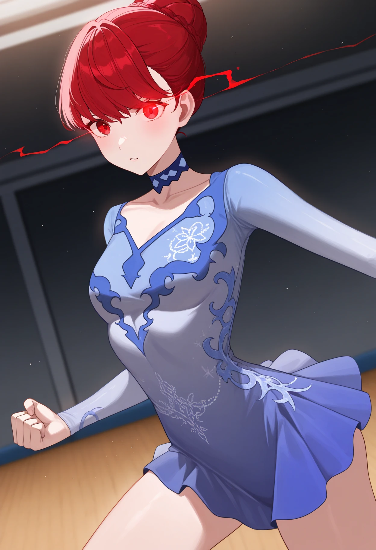 1girl, parted lips, serious, frown, eye trail, glowing eye, fist pump, clenched hand, <lora:KasumiP5-illu:1> ltSumi, red hair, short hair, single hair bun, swept bangs, red eyes, blue dress, gradient dress, blue choker, collarbone, long sleeves, skin tight, short dress, bare legs, indoors, blurry background, gymnastics, masterpiece, best quality, good quality, newest